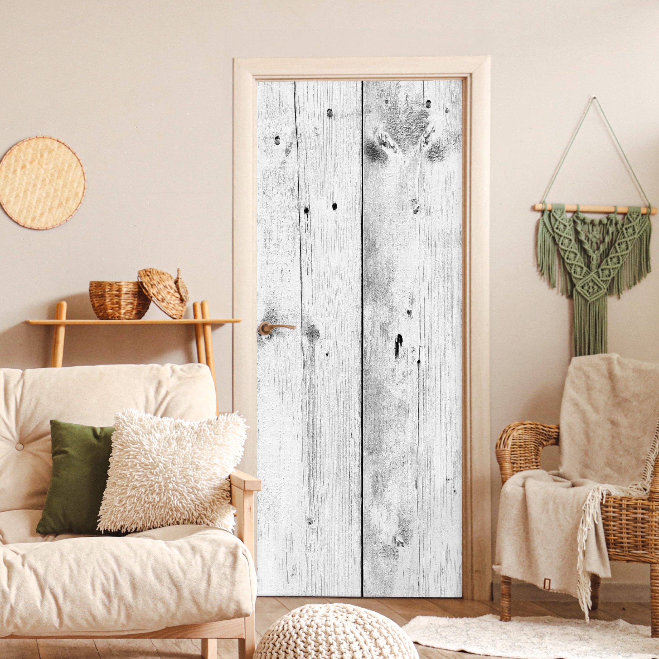 MuchoWow Türtapete Vintage - Holz - Grau - Weiß, Matt, bedruckt, (1 St), Selbstklebende Tapete, Folie für Möbel, 75x205 cm – Bild 4 von 5
