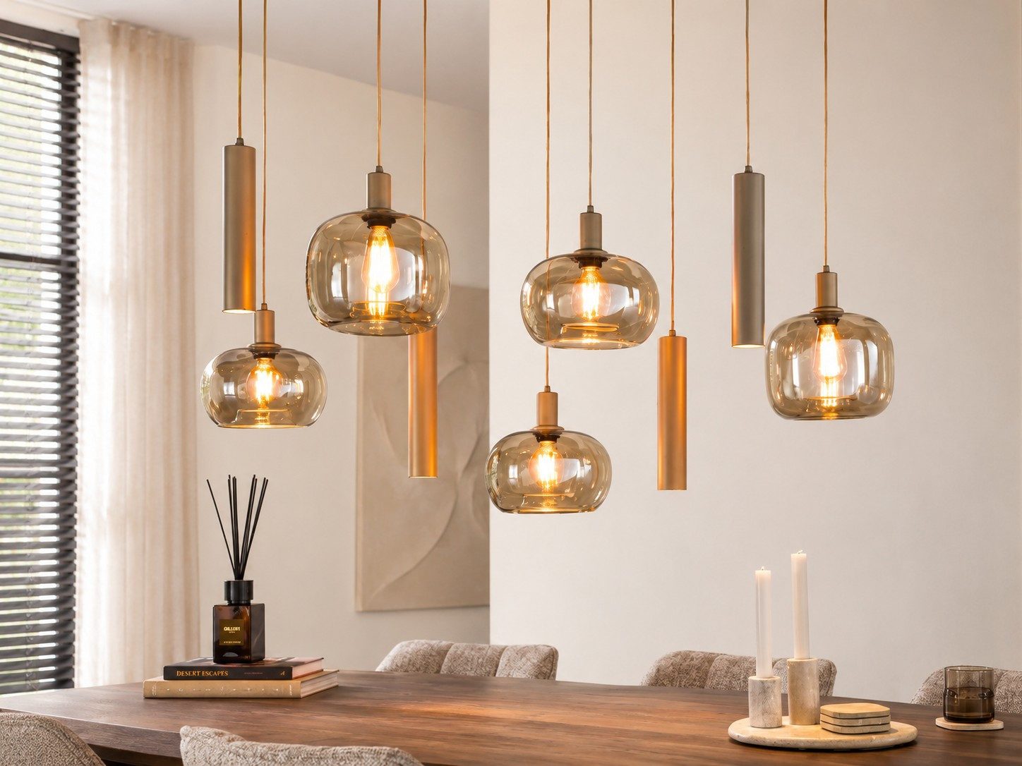 leven! Annekathrin Storkebaum Pendelleuchte LUMERA 9 flammig 130 cm beige Glas höhenverstellbar, LED wechselbar, Individuell höhenverstellbar, warme Lichtwirkung