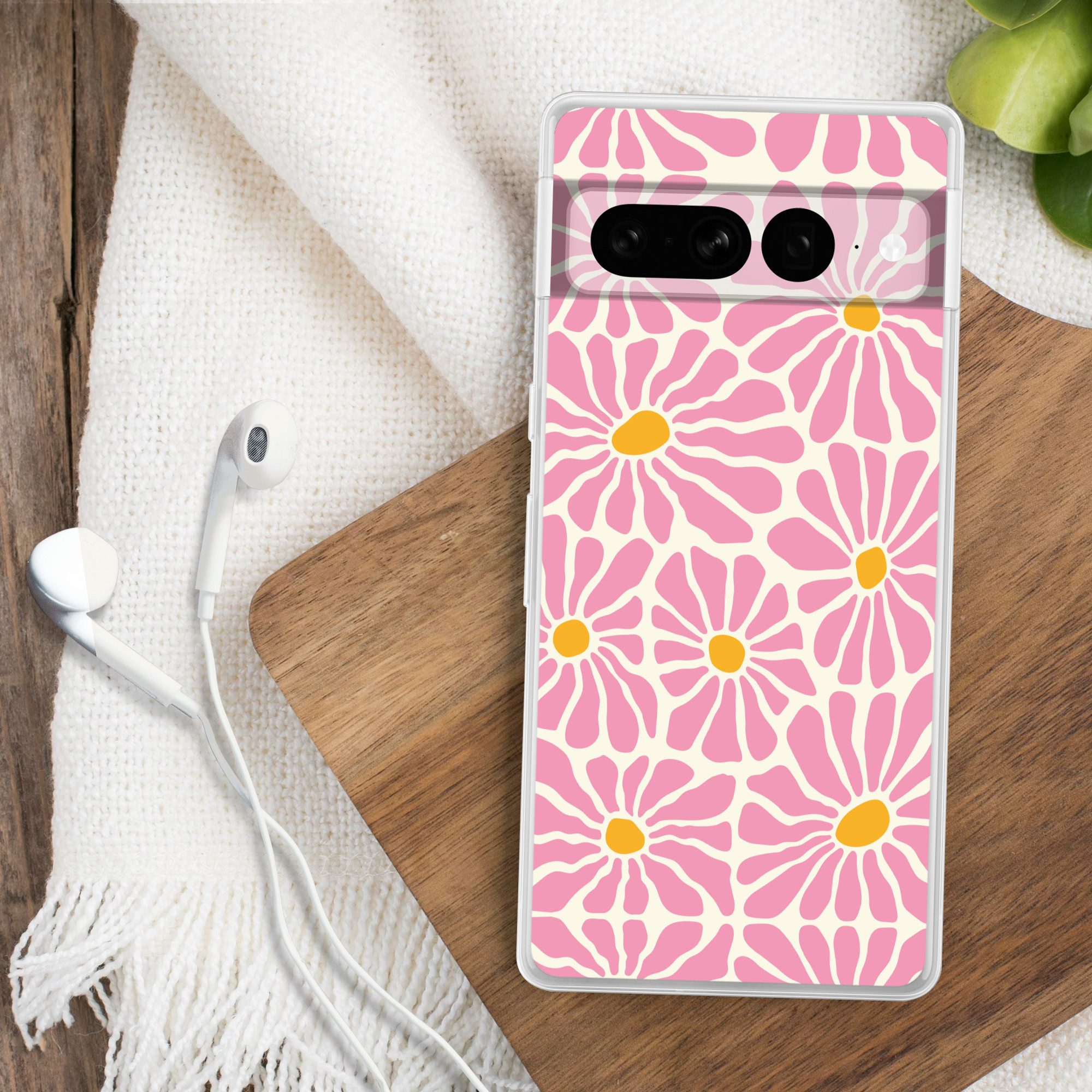 MuchoWow Handyhülle für Google Pixel 7 Pro Blumen - Muster - Rosa - Beige - Orange, Phone Case, Silikon, Schutzhülle Dünn