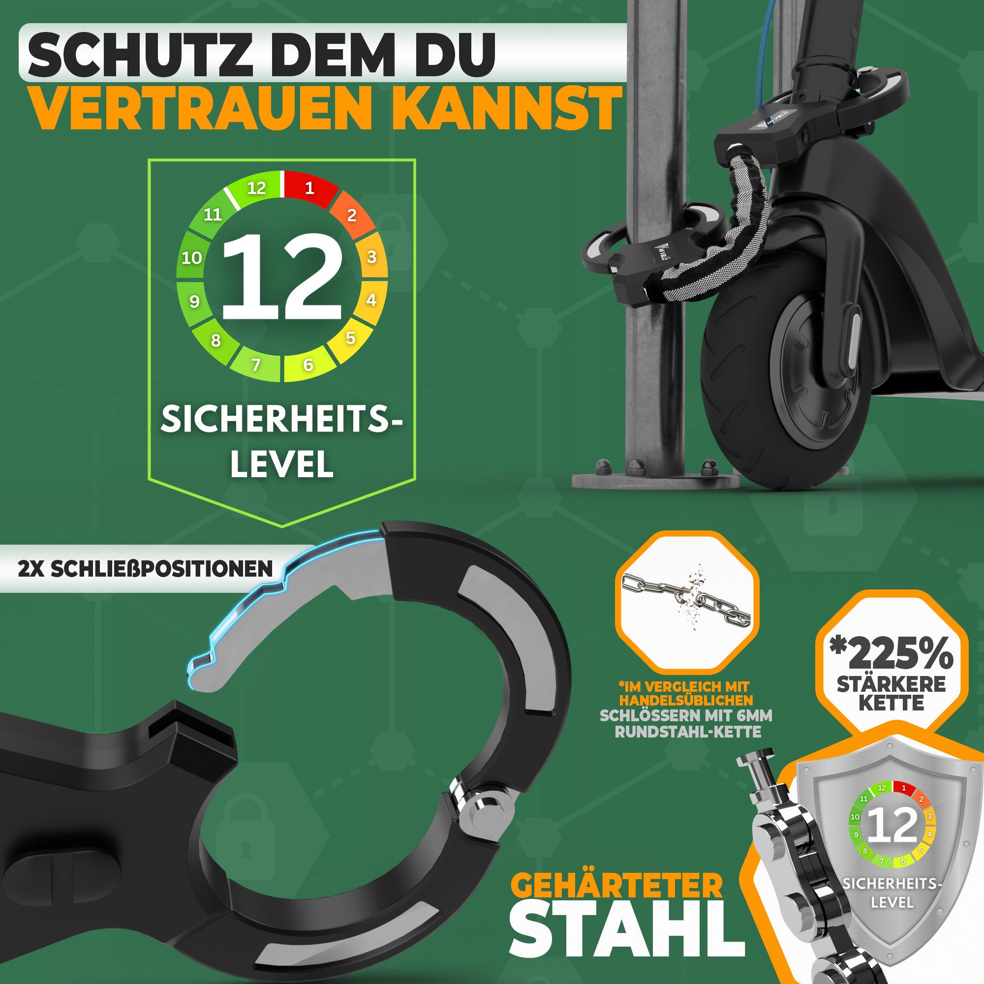 MIVELO Kettenschloss Handschellenschloss für E-Scooter und Fahrrad 60 cm mit Schlüssel, 14 mm Hartstahl Kette, inklusive Halterung