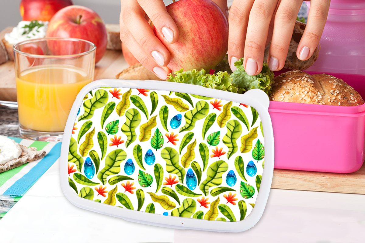 MuchoWow Lunchbox Dschungel - Kunststoff, - Design Blätter, Kunststoff Erwachsene, für (2-tlg), Brotdose Kinder, Tropische Snackbox, Mädchen, rosa Brotbox