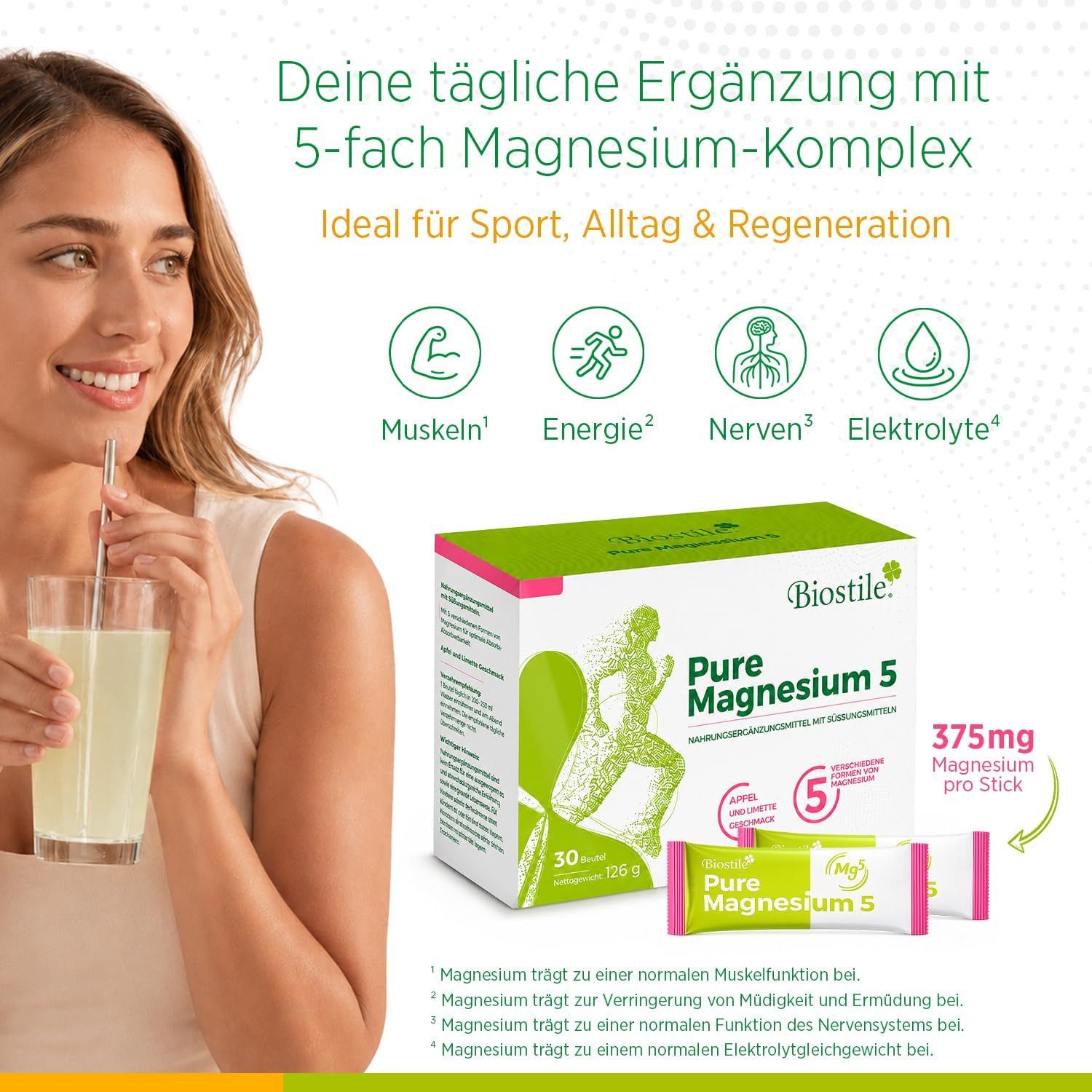 Biostile Magnesium Pulver mit 5 Magnesiumformen für Energie, Muskeln, Knochen - Beutel, 126 g, Mit Citrat, Bisglycinat, Malat, Gluconat und Succinat, 30 Beutel