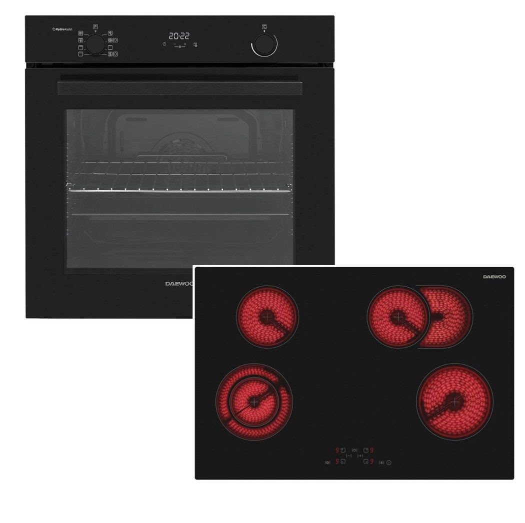 Daewoo Elektro-Herd-Set Einbaubackofen Pyrolyse SoftClose + Glaskeramik Kochfeld Zweikreiszone, Pyrolyse-Selbstreinigung