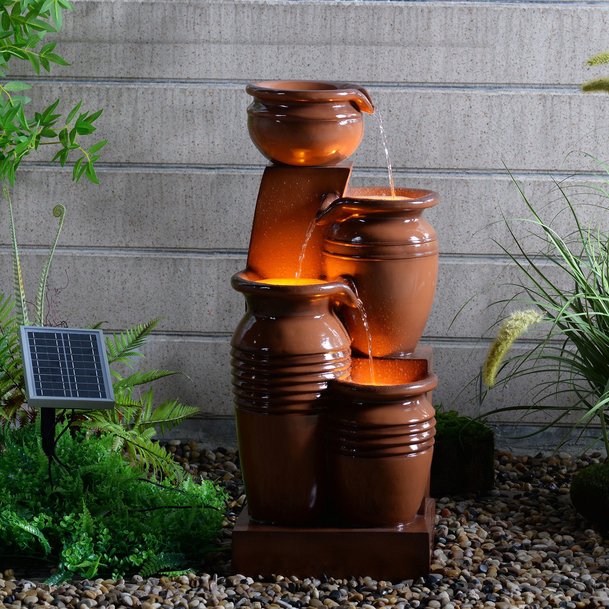 Teamson Home Gartenbrunnen mit 4 Ebenen mit LED braun 73 cm