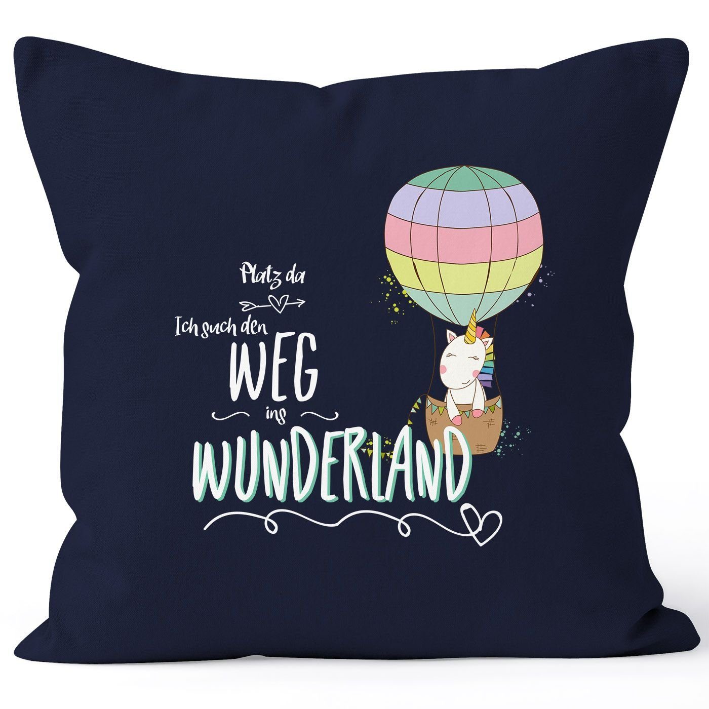 MoonWorks Dekokissen Kissenbezug Einhorn Unicorn Platz da ich such den Weg ins Wunderland 40x40 Baumwolle MoonWorks® navy