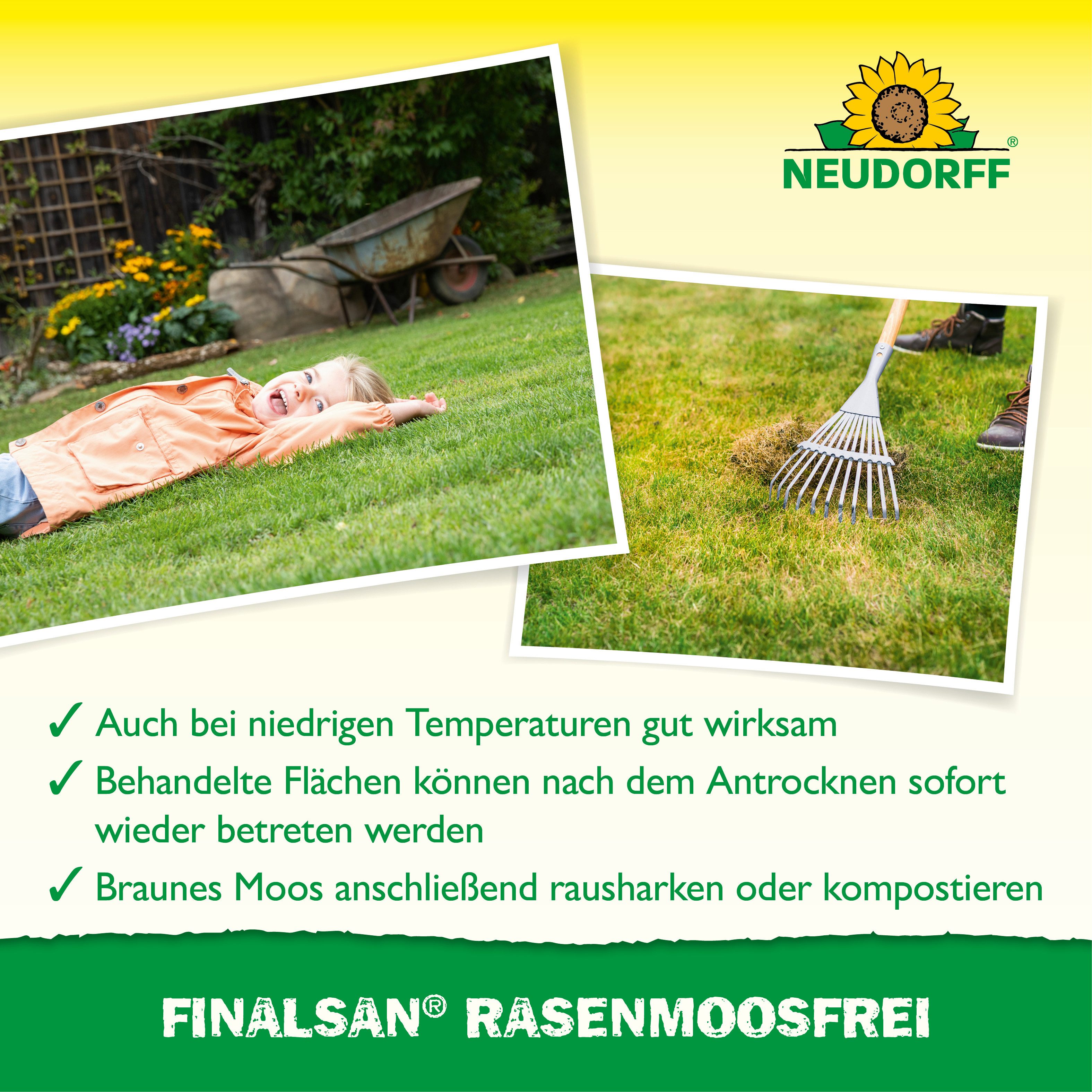 Neudorff Unkrautbekämpfungsmittel Finalsan RasenMoosfrei 500 ml Rasenmoosvernichter für 30 m², 500 ml, 1 St., Schnelle Moosbekämpfung für bis zu 30 m² Rasenfläche, Gegen Rasenmoos mit sichtbarer Wirkung in wenigen Stunden, Schnelle Moosbekämpfung mit Langzeitwirkung für Rasenflächen