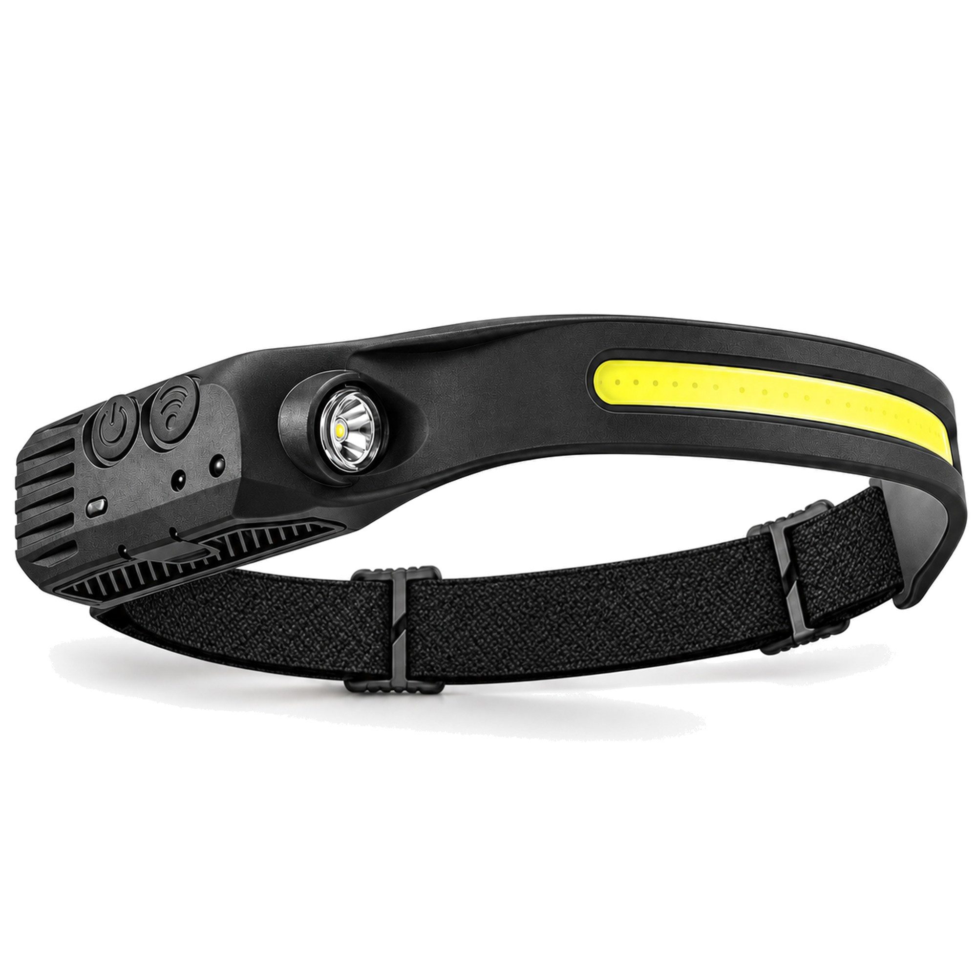 Virexo LED Stirnlampe mit Bewegungssensor, 350 Lumen, 5 Lichtmodi, COB-Lichtband und Spot (1-St), IPX4 spritzwassergeschützt, verstellbares Kopfband, per USB-C ladbar