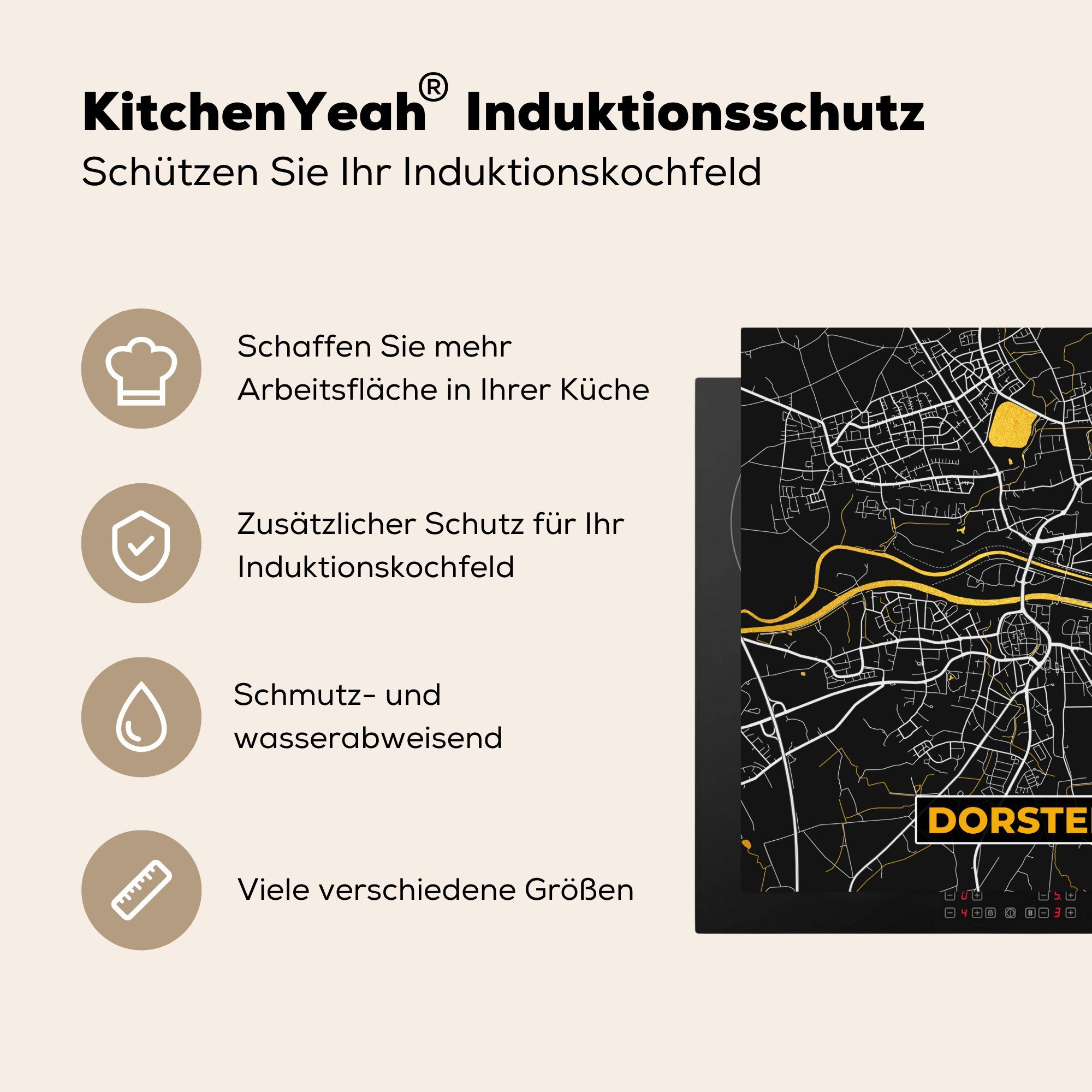 Dorsten - (1 - für Gold, Karte MuchoWow Arbeitsplatte tlg), Herdblende-/Abdeckplatte cm, 78x78 küche - Deutschland - Karte Vinyl, Ceranfeldabdeckung,