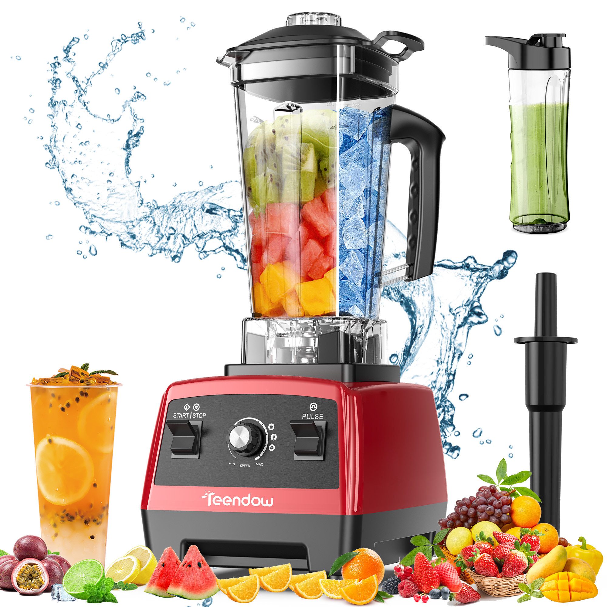 Teendow Standmixer Standmixer Hochleistungsmixer 1800W 2L BPA frei Smoothie Mixer, 1800 W, mit Rührstab und Reisebecher, Selbstreinigend, 6 Edelstahlklingen