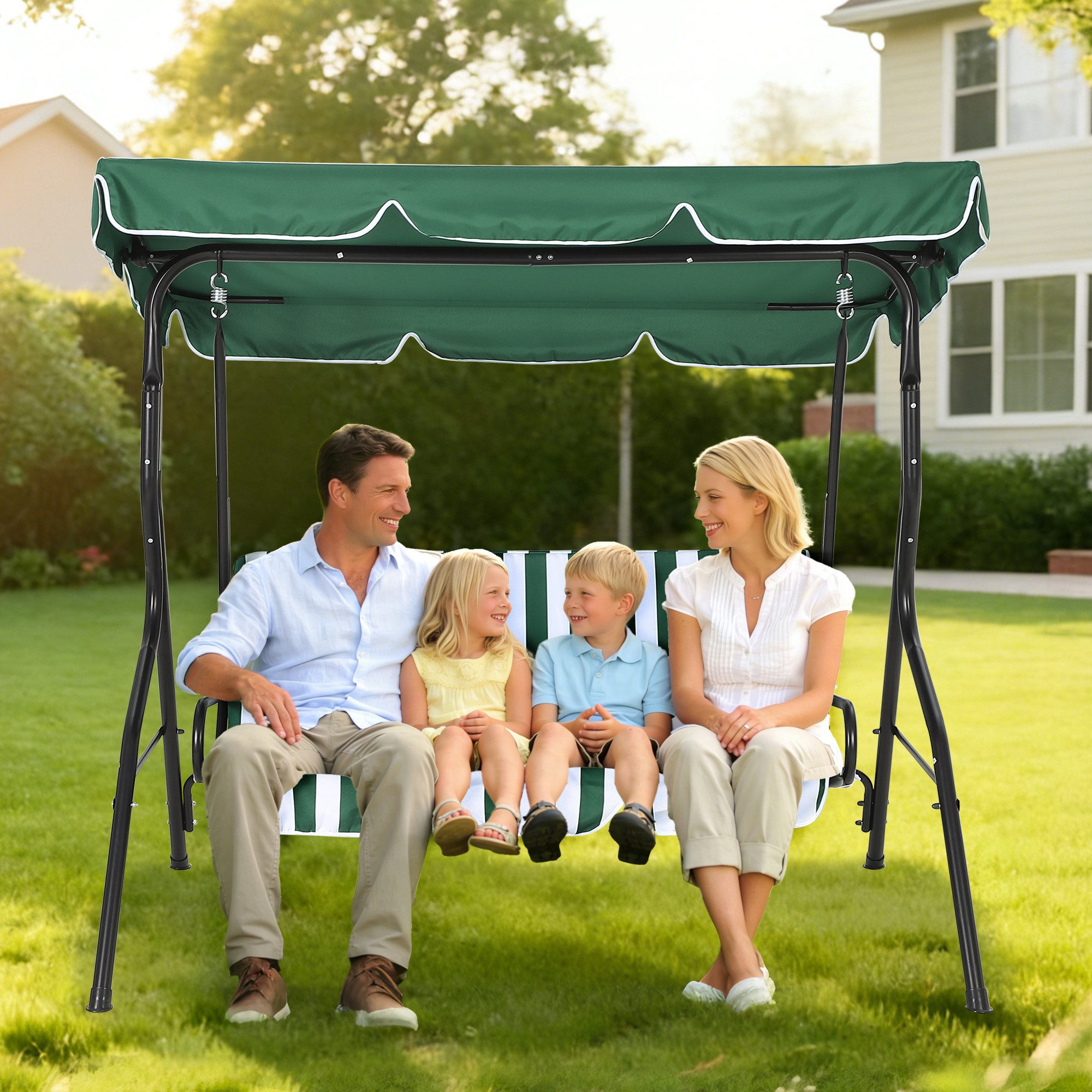 GarveeMore Hollywoodschaukel 3-Sitzer mit verstellbarem Sonnendach und dicken Kissen, Stahlrahmen-Gartenschaukel für Terrasse und Garten