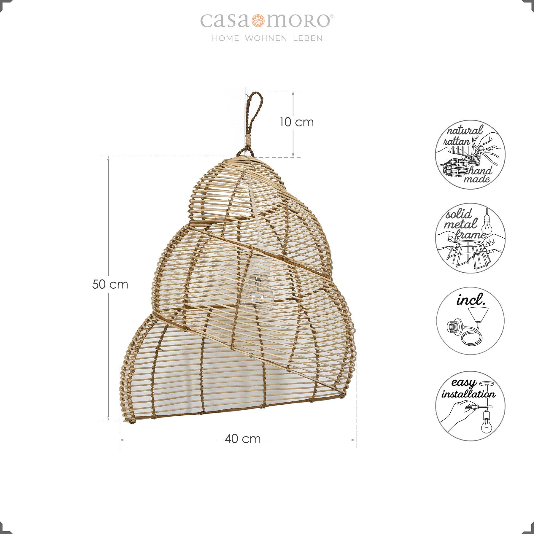 Casa Moro Hängeleuchte XL Deckenlampe Rattan Natur – Hängelampe Ø 40 x H 60 cm, ohne Leuchtmittel, Pendelleuchte, E27, Wohnzimmer, Schlafzimmer, Esszimmer, Kinderzimmer
