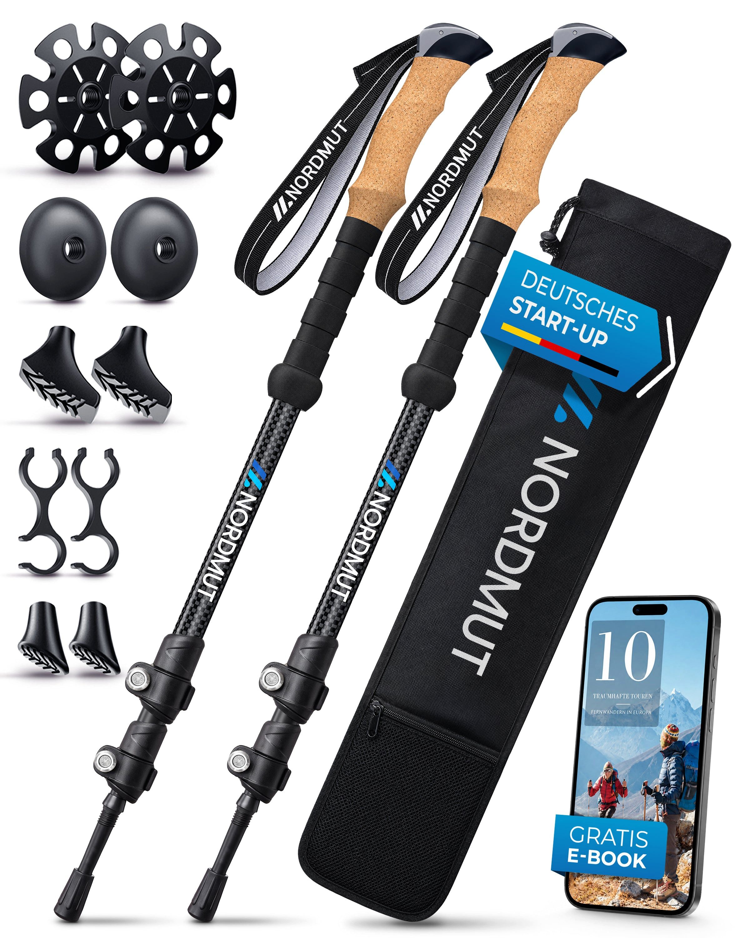 Nordmut Wanderstöcke Teleskop Trekkingstöcke, Nordic Walking Stöcke, Korkgriff, 65–135 cm (Set, 2 St., mit Tasche, Gummipuffern, Schnee- und Matschtellern), ultraleicht, stufenlos höhenverstellbar, Quick-Lock, Damen und Herren