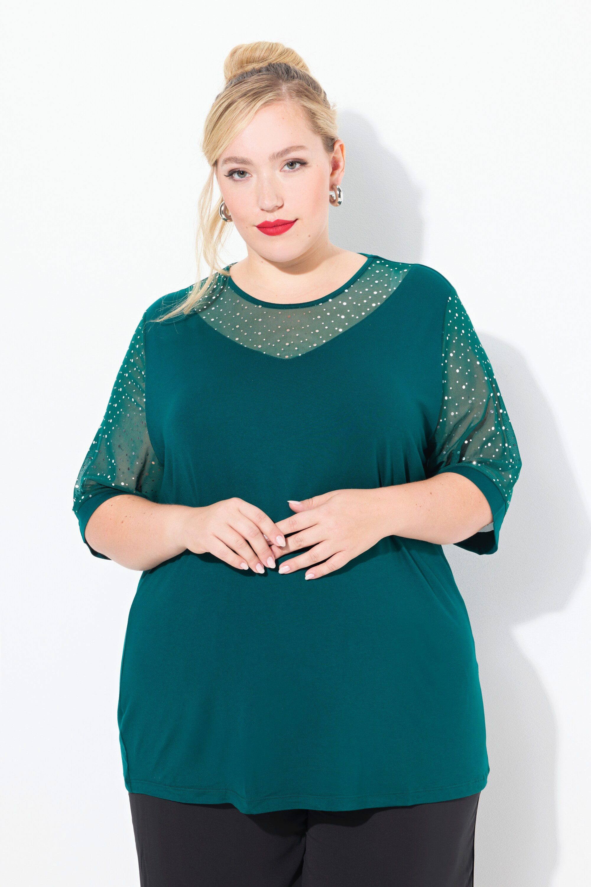 Ulla Popken T-Shirt T-Shirt Classic Fit Mesh mit Pailletten