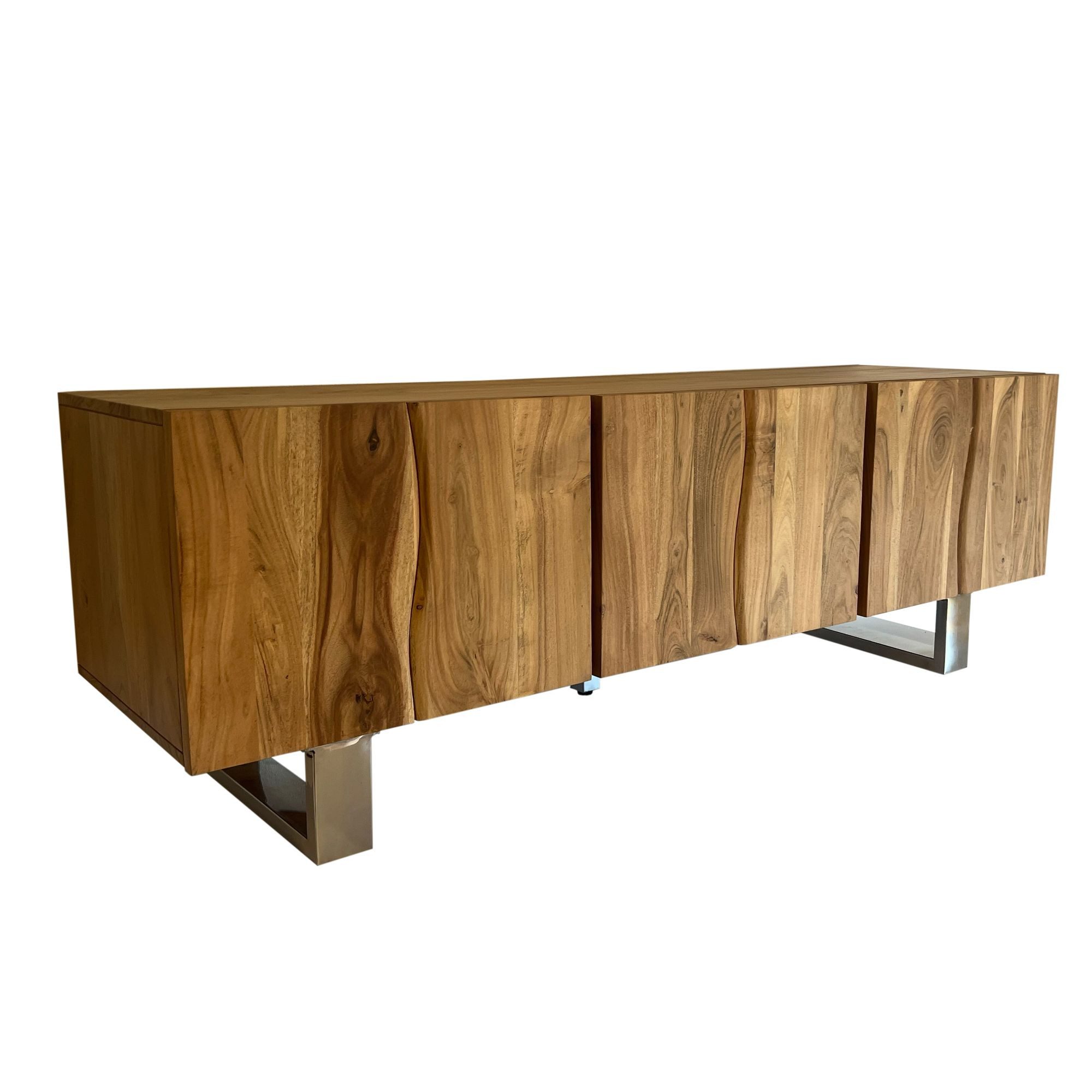 FINEBUY Lowboard TV Schrank 160 cm Holz Massiv Fernsehkommode Fernsehschrank (drei Türen, 160x56x46 cm, Akazie Massivholz), TV-Schrank Modern Fernsehtisch, TV-Kommode Hoch