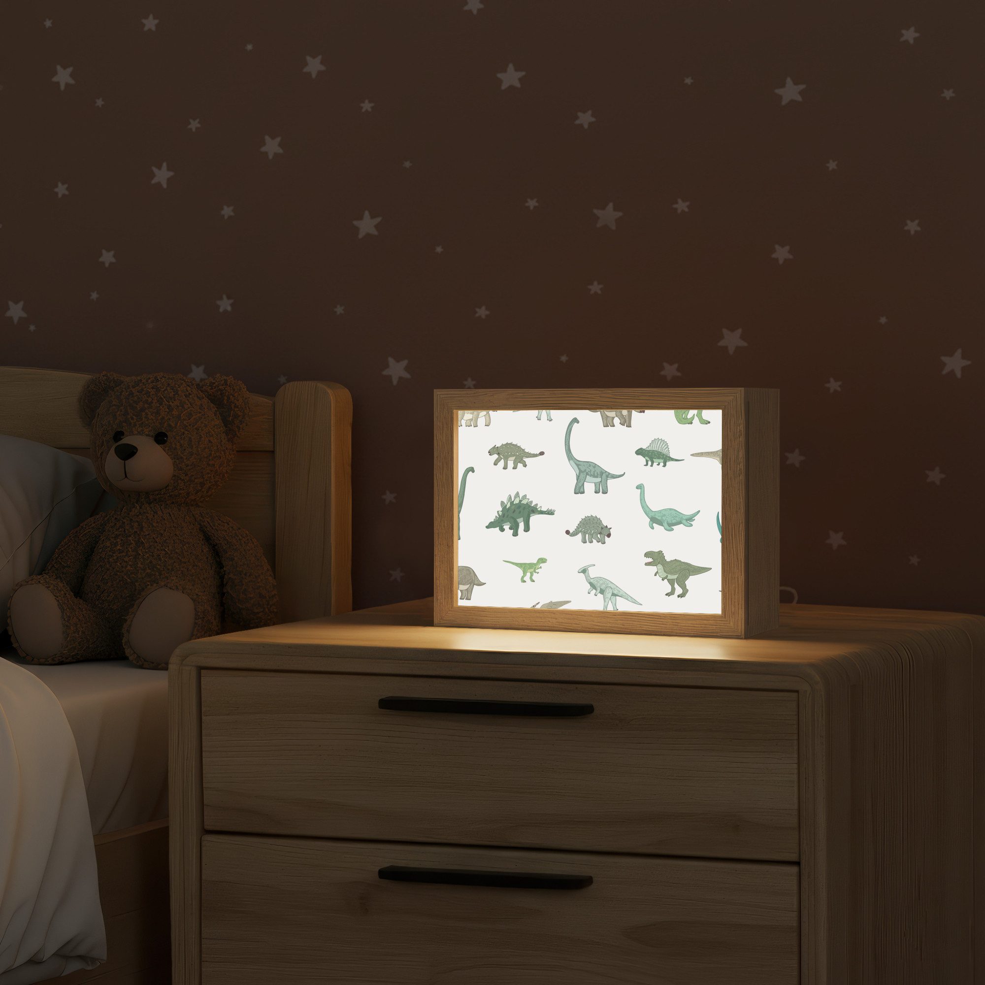 OnlyWow Nachttischlampe Lightbox Dino - Grün - Jungen - Dinosaurier - Blau, Dimmbar, Farbwechsel, LED, Warmweiß, Kaltweiß, Neutralweiß Einstellbar, Nachtlicht, Kinder- und Babyzimmer, Dimmbar, mit Kabel, Tischleuchte