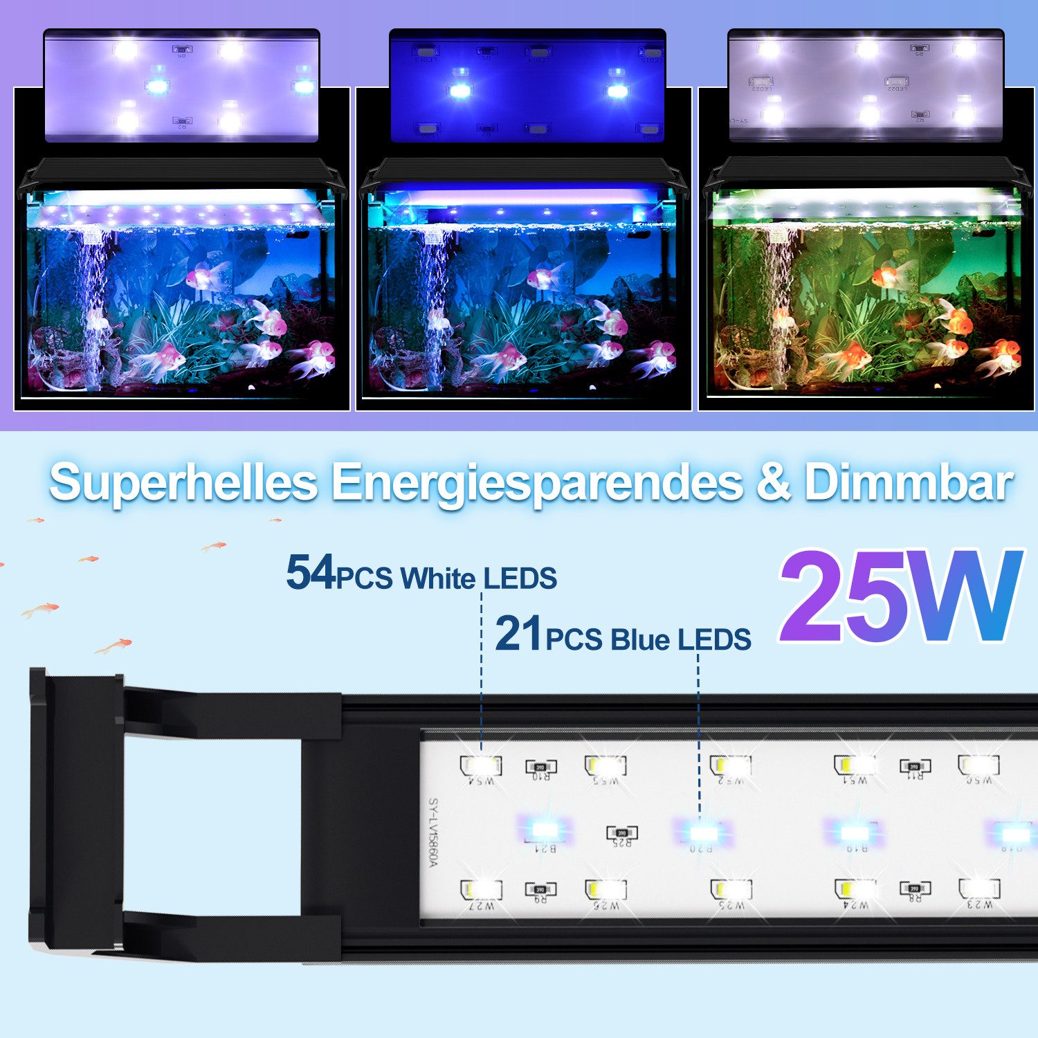 Clanmacy LED Aquariumleuchte 35-105cm LED Aquarium-Beleuchtung, Länge verstellbar, Energiesparend, 25W für 90-105cm aquarium