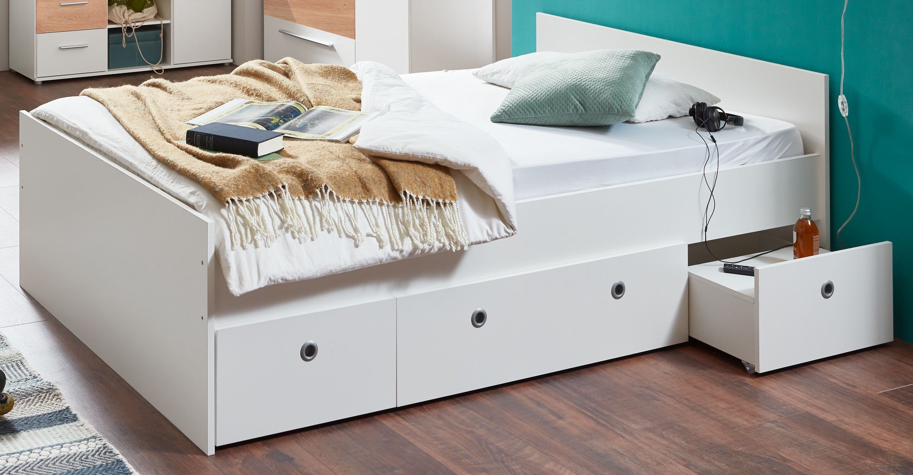 arthur berndt Stauraumbett Rosanna, Jugendbett mit viel Stauraum, 2 Breiten (90cm + 120cm), mit Melamin-Oberfläche, 3 Schubkästen auf Rollen, MADE IN GERMANY