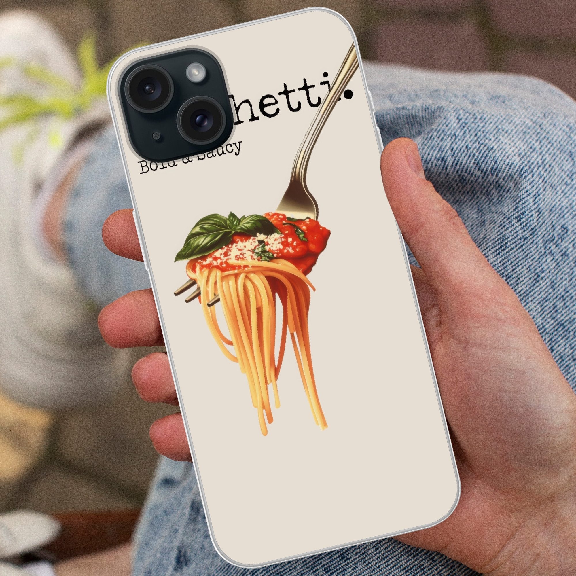 MuchoWow Handyhülle für Apple iPhone 15 Plus Spaghetti - Tomatensauce - Parmesankäse, Smartphone-Bumper, Print, Handy Schutzhülle Dünn