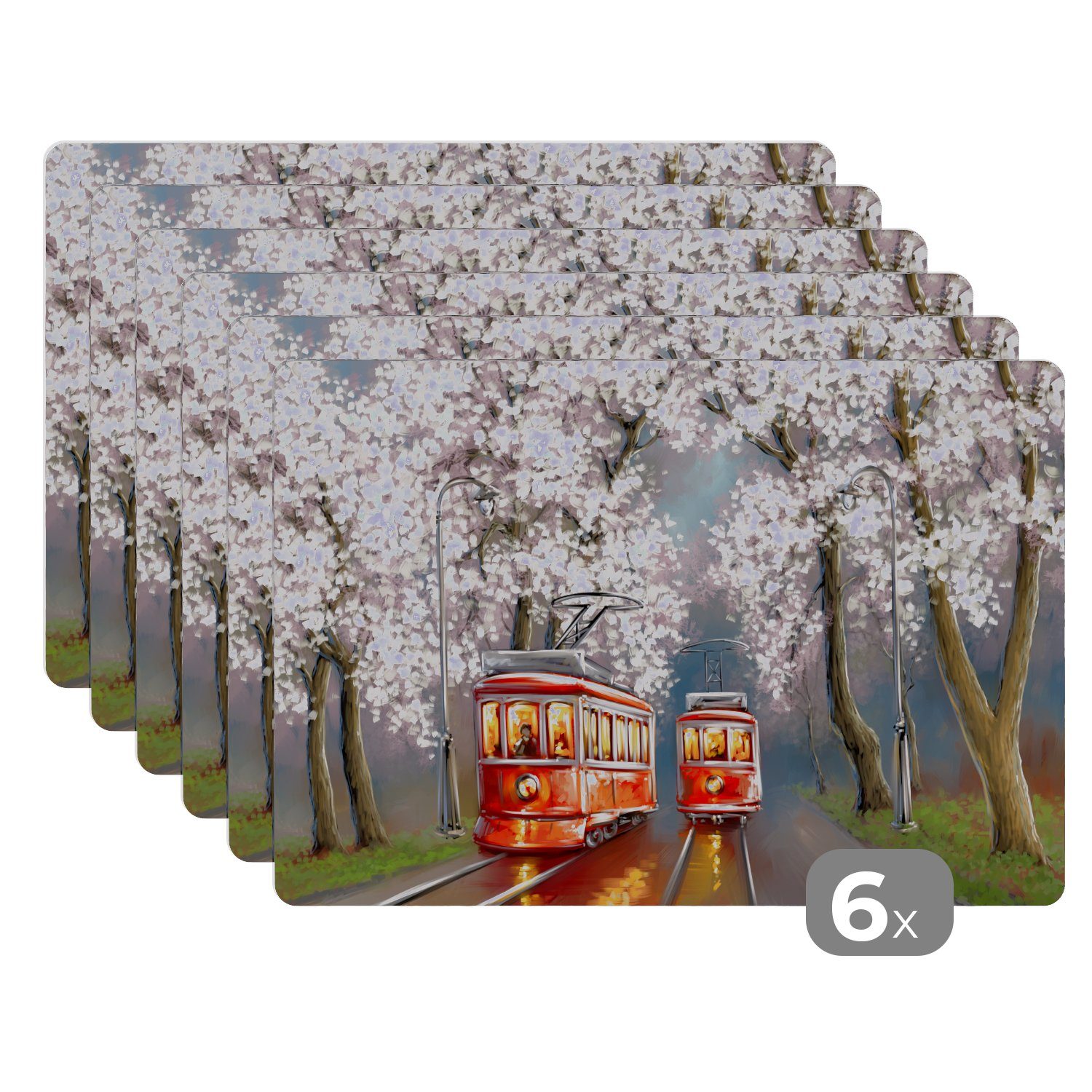 Platzset, Gemälde - Ölgemälde - Straßenbahn - Blühender Baum, MuchoWow, (6-St), Platzset, Platzdecken, Platzmatte, Tischmatten, Schmutzabweisend