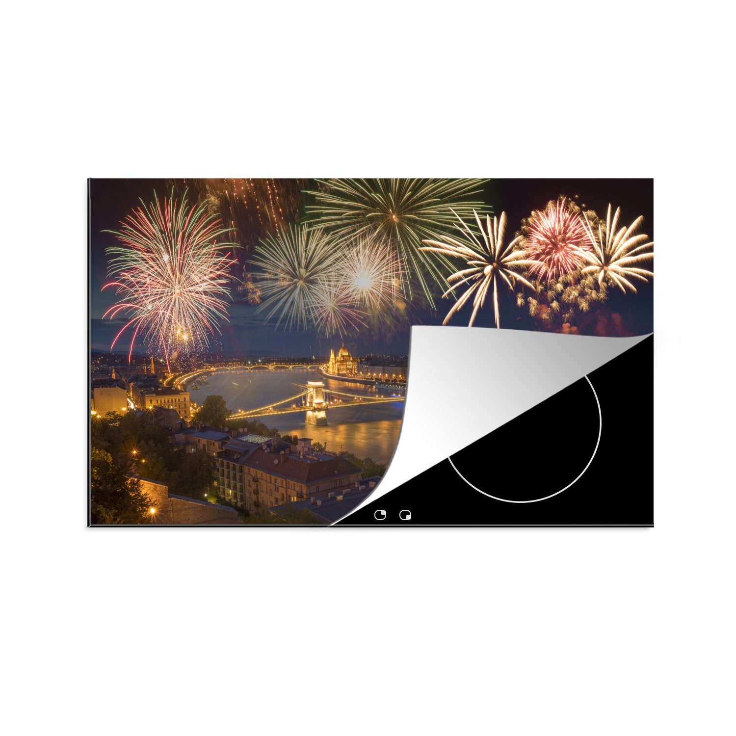 MuchoWow Herdblende-/Abdeckplatte Budapest - Feuerwerk - Brücke, Vinyl, (1 tlg), 83x51 cm, Ceranfeldabdeckung, Arbeitsplatte für küche