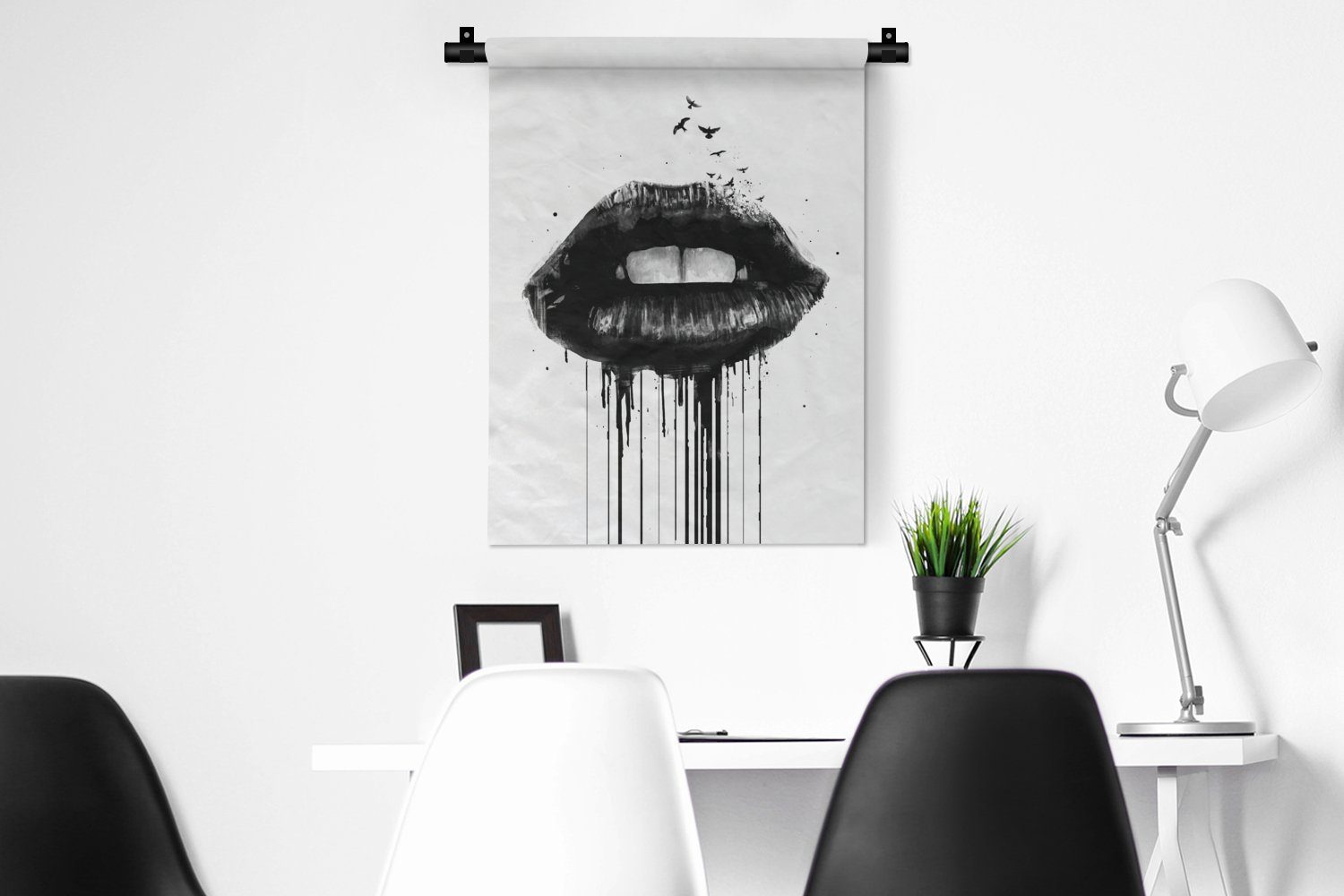MuchoWow Wanddekoobjekt Lippen Tapisserie, an - für Deko Schwarz Vögel der Abstrakt, Wand, - Schlafzimmer - Wohnzimmer