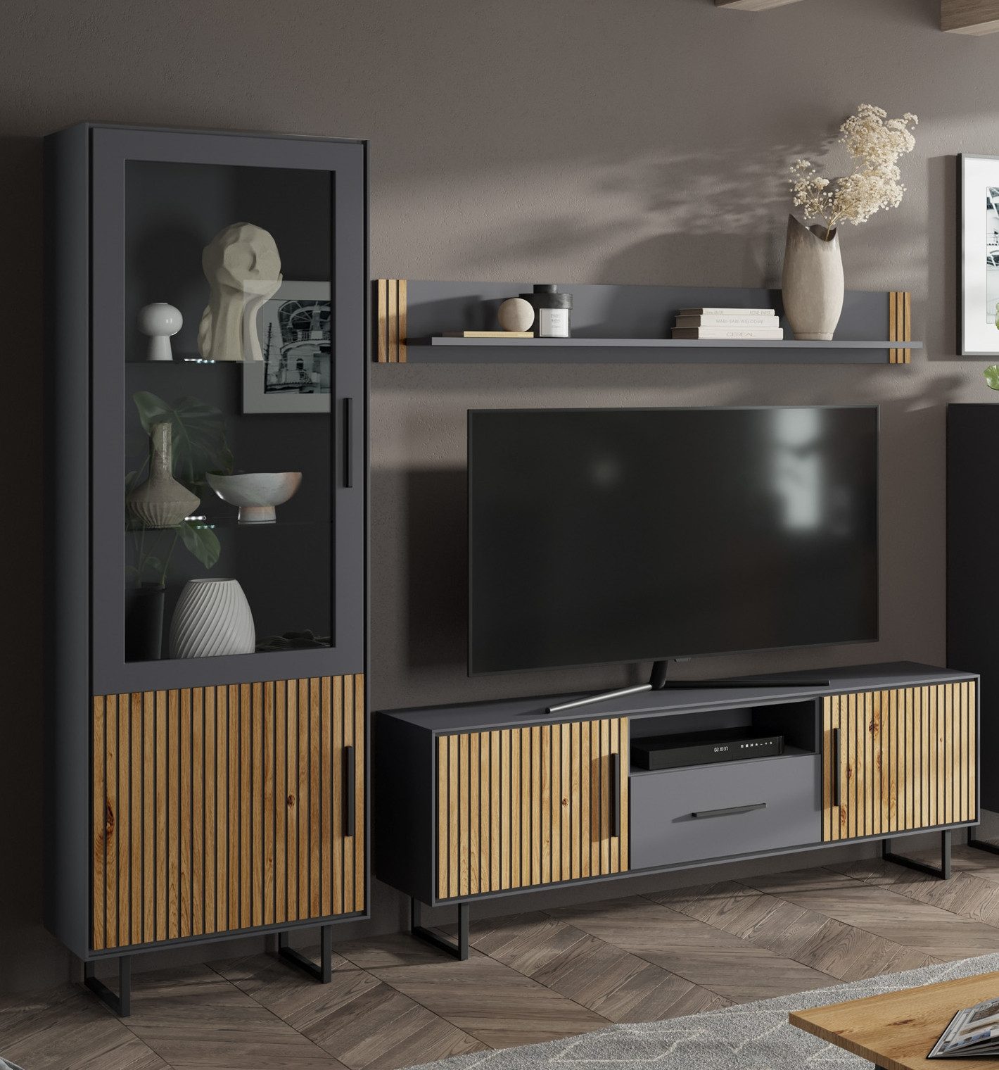 Lebenswert Wohnwand Joe, (3-teilig), (3-teilig) in Eiche / anthrazit - 239x197x40 (BxHxT)