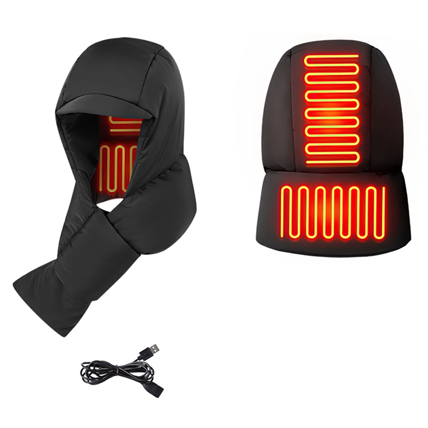 Refttenw Schlupfmütze 2 in 1 Wintermütze Schal Beheizbarer USB Sturmhaube Warme Daunenmütze