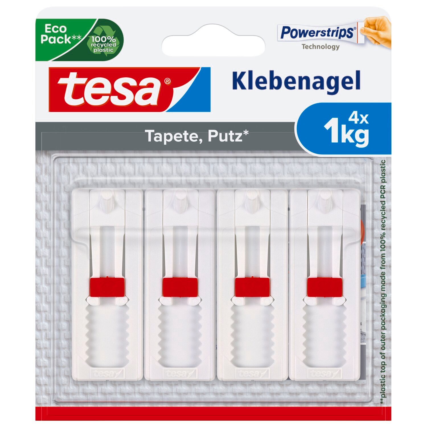 tesa Klebehaken Klebenagel mit max. 1 kg Haltekraft für Bilder - verstellbar, Dekoration, Leinwände, Bilder, Girlanden, Lichterketten, (Spar-Set, 4-St., inkl. Powerstrips), Klebenagel - POWERSTRIPS Doppelseitig - Tapete & Putz - 2 x 2er Pack
