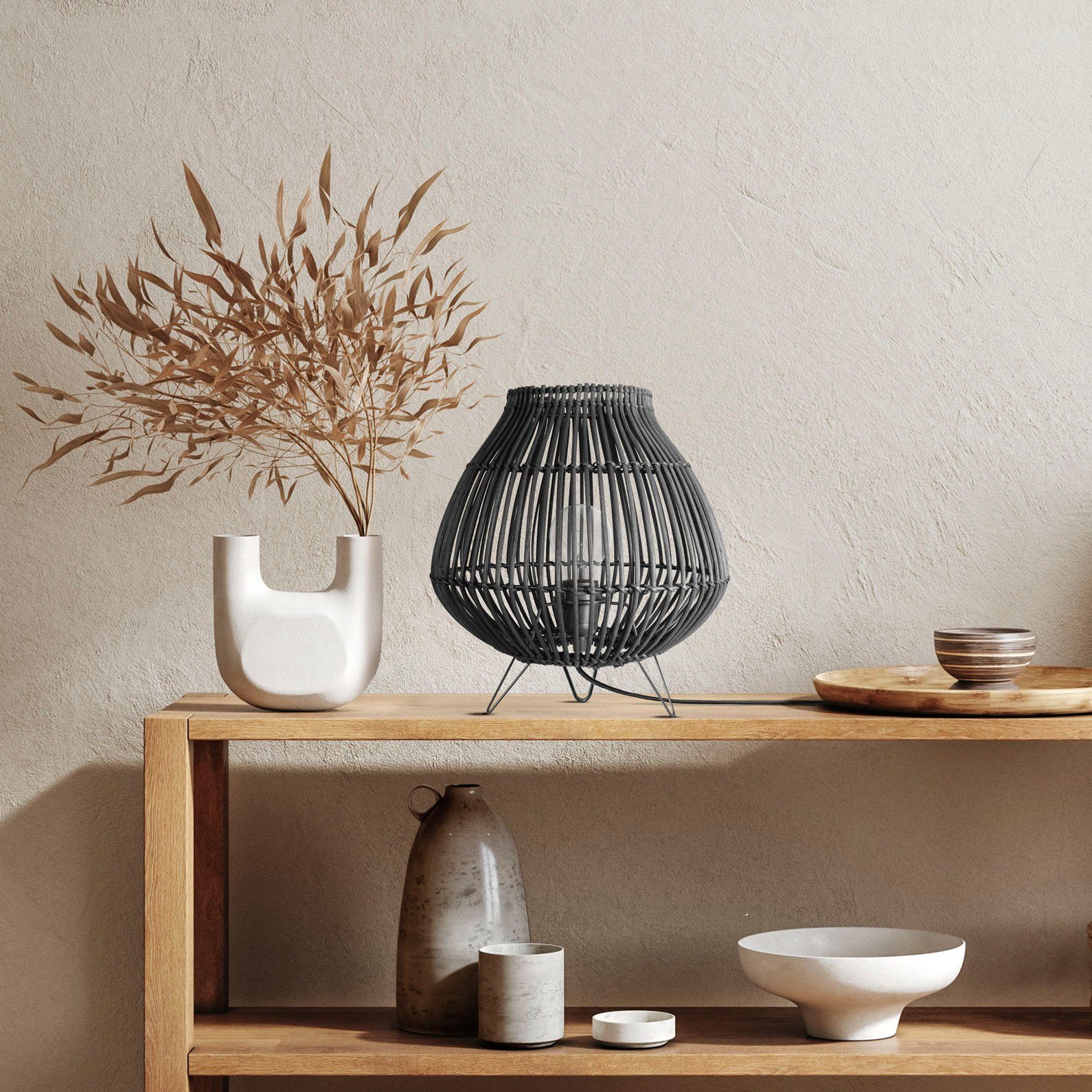 Nacht LED ohne PURI, Tischleuchte Leuchtmittel, Boho Korblampe Rattan Dreibein Home Paco E27