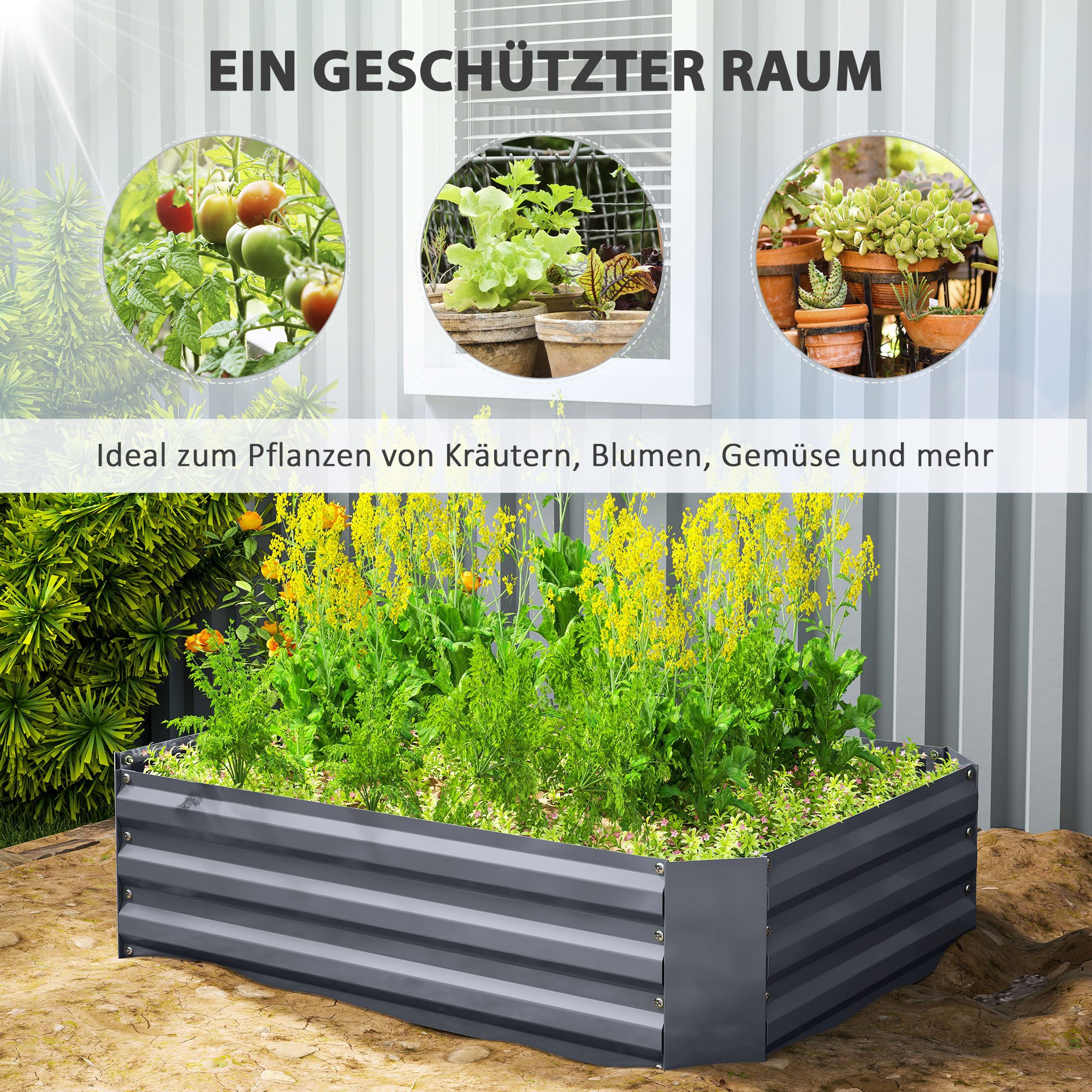 Outsunny Hochbeet Pflanzbeet aus Stahl, Blumenkasten stapelbar (Pflanzkasten, 1 St., Gemüsebeet), 120 x 90 x 30 cm für Garten Balkon Terrasse, für Blumen, Pflan – Bild 4 von 5