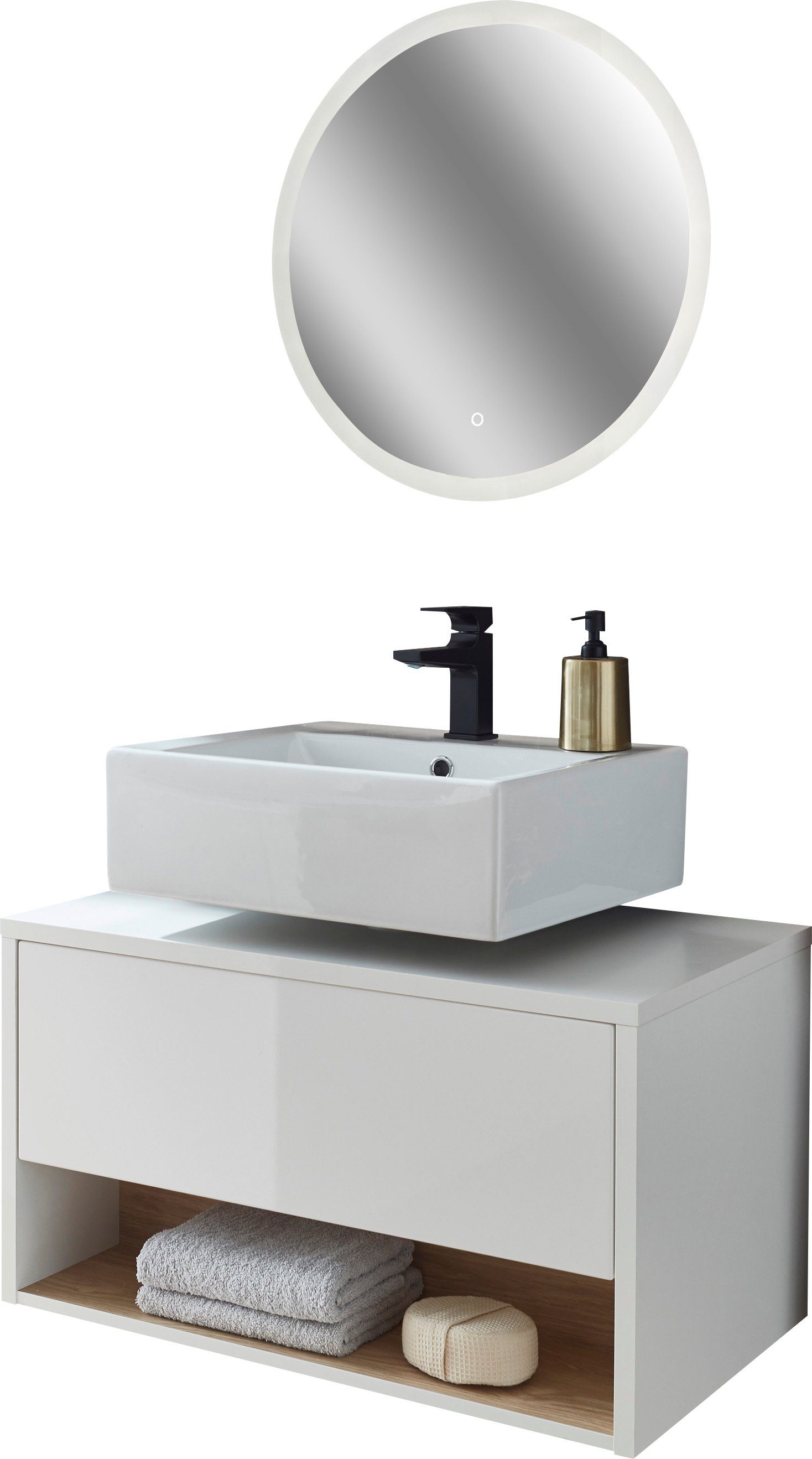 Home affaire Badmöbel-Set Studio Line, Bad im modernen Design, 2-teiliges Badezimmer, (2-St), Unterschrank und Spiegel, in zwei Farben verfügbar, viel Stauraum