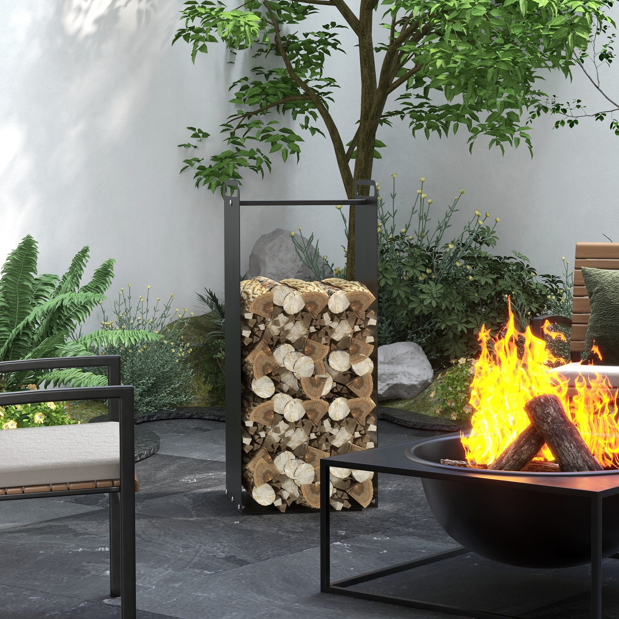 Outsunny Kaminholzregal mit Griffe, BxTxH:37x30x90 cm, (Feuerholzregal, 1-St., Brennholzregal), für Outdoor, Indoor, bis 30 kg, Stahl, Schwarz