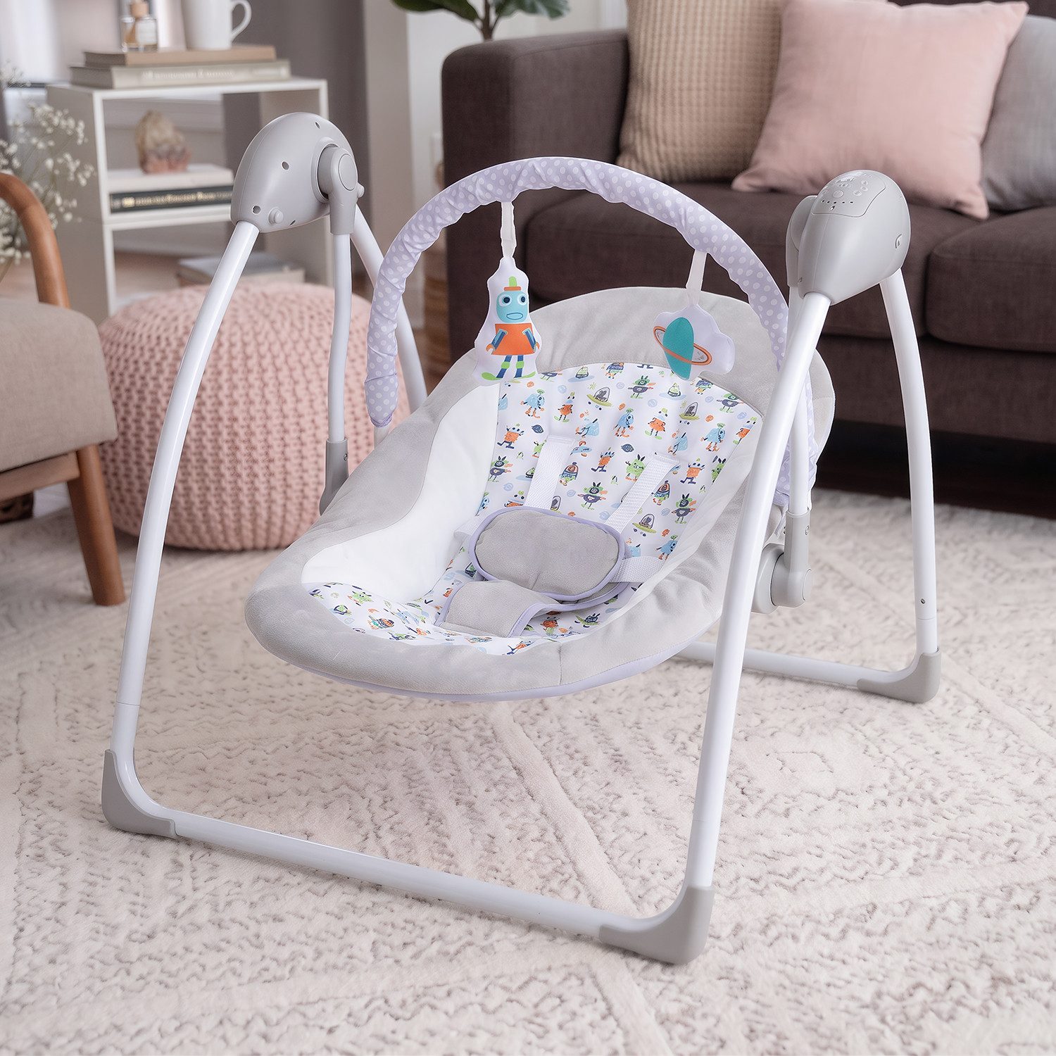 oyajia Babyschaukel Babywippe mit Spielbogen Spielzeugen, 5 Schaukelgeschwindigkeiten,3 Zeitschaltuhreinstellungen