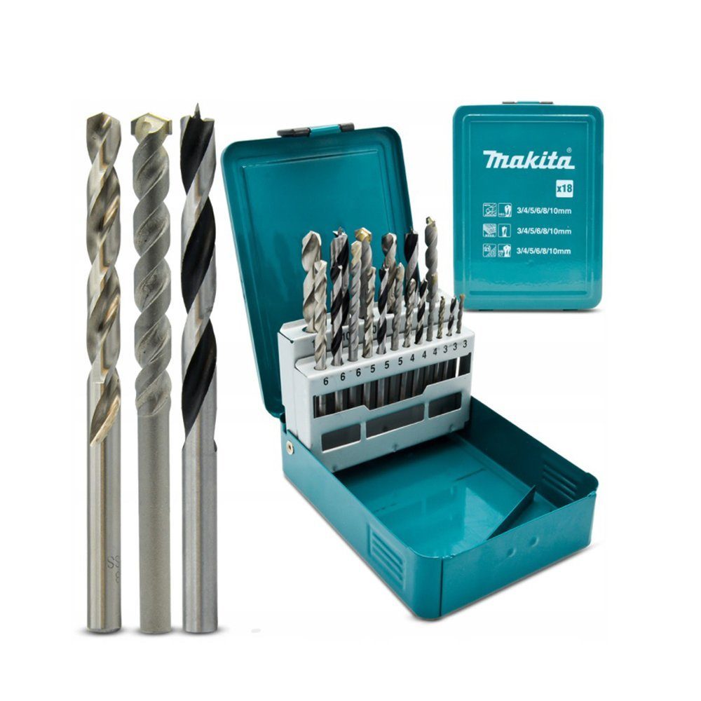 Makita Bohrer- und Bit-Set Makita 18-tlg Set Bohrersatz Holzbohrer Metallbohrer D-46202, (18-tlg)