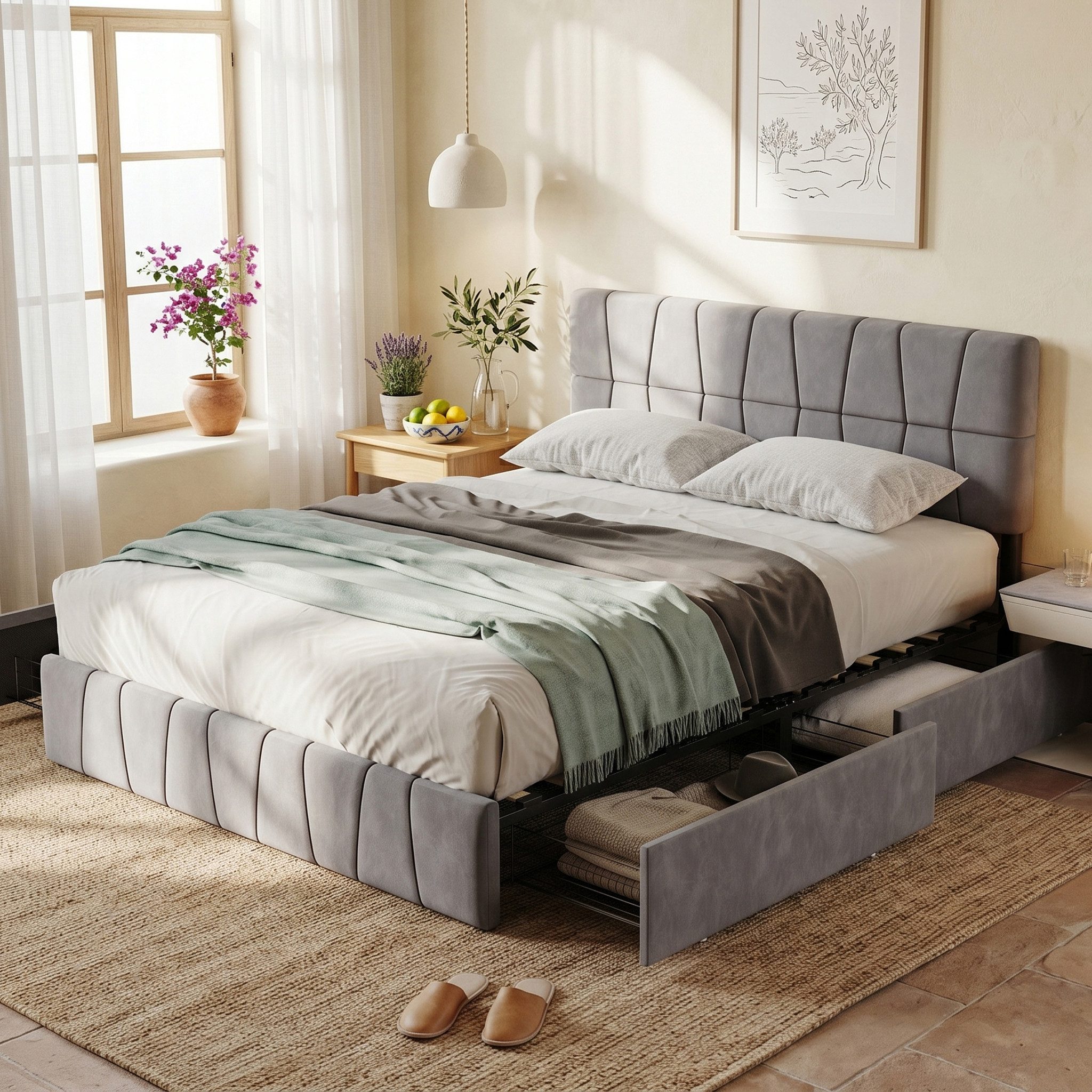 zebery Stauraumbett Polsterbett Doppelbett Mit 4 Schubladen (Packung, 1-tlg., Jugendbett), 160x200 cm,Mit Kopfteil und Bettgestell,Samtstoff,Grau