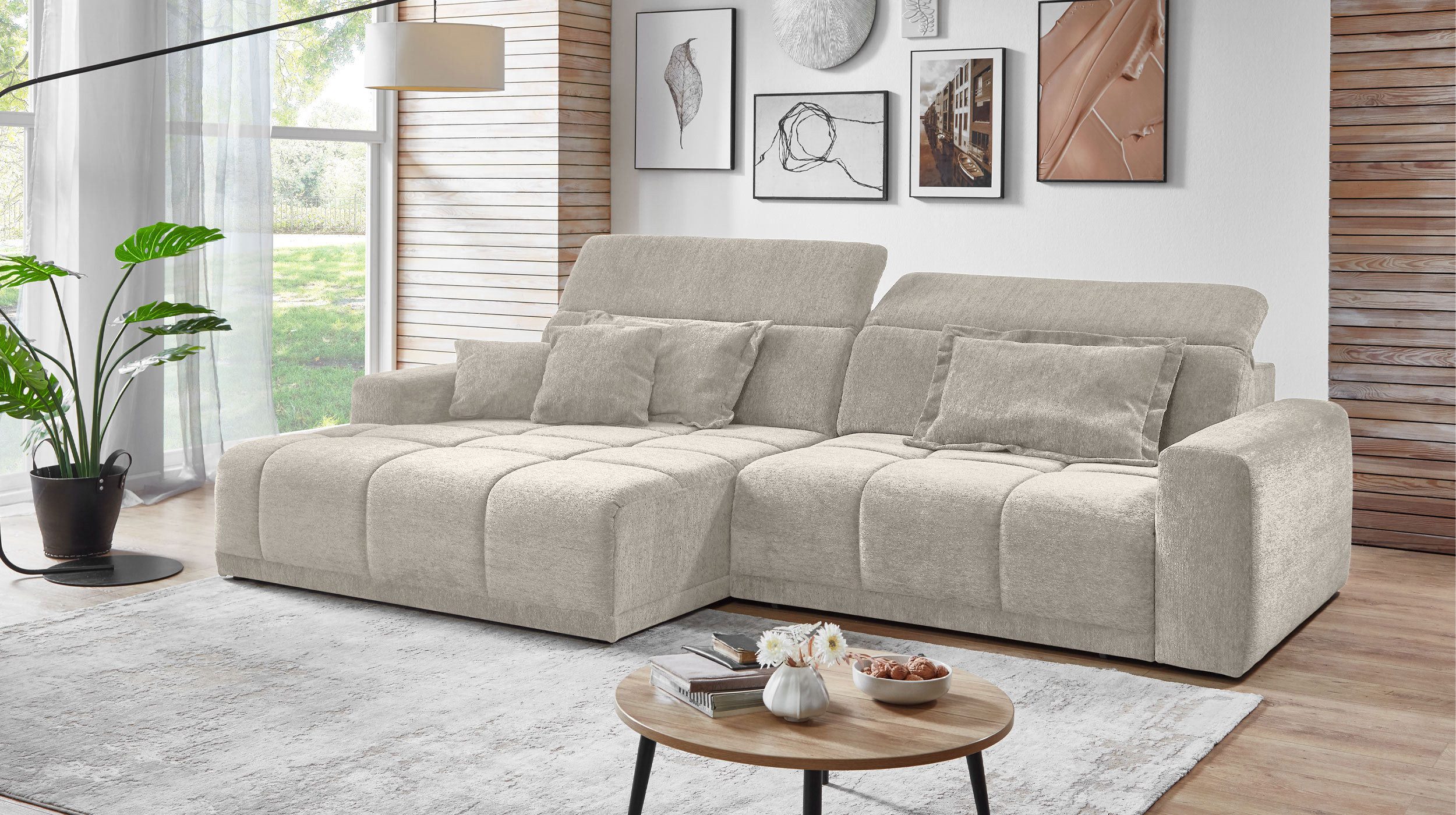Massivart® Ecksofa Bouclé Bezug / 288 cm / elektrische Sitztiefenverstellung / BROOK, Kopfteilverstellung · Nosagunterfederung · frei im Raum stellbar