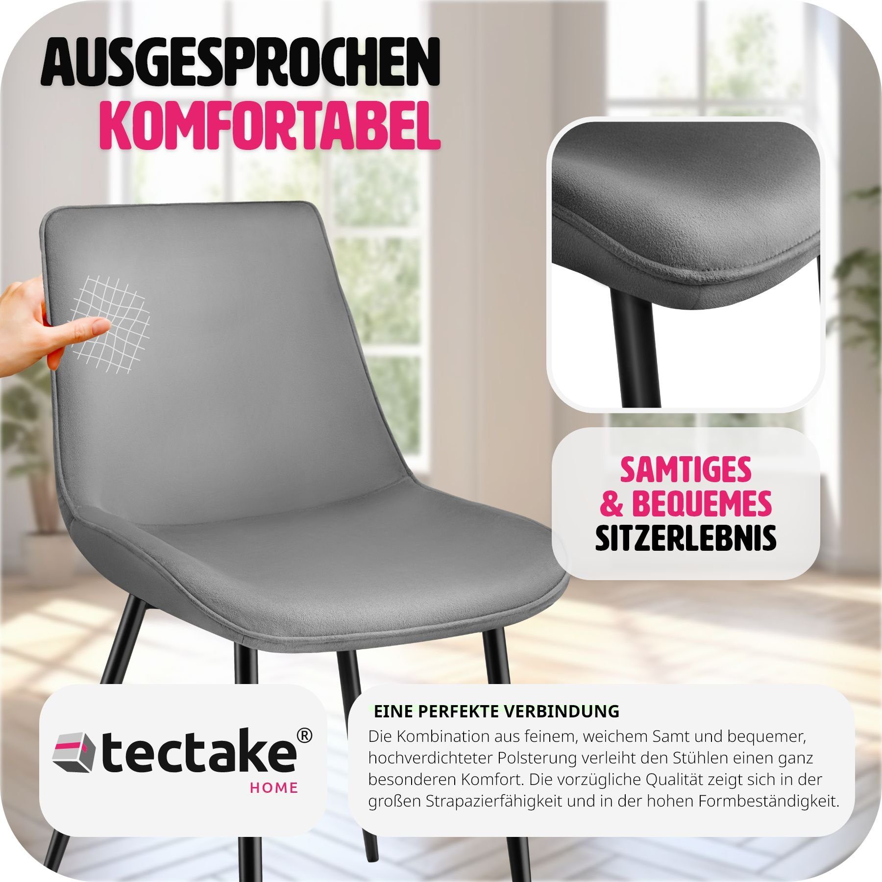 tectake (2er, Monroe Esszimmerstuhl St), grau 2 Gepolstert