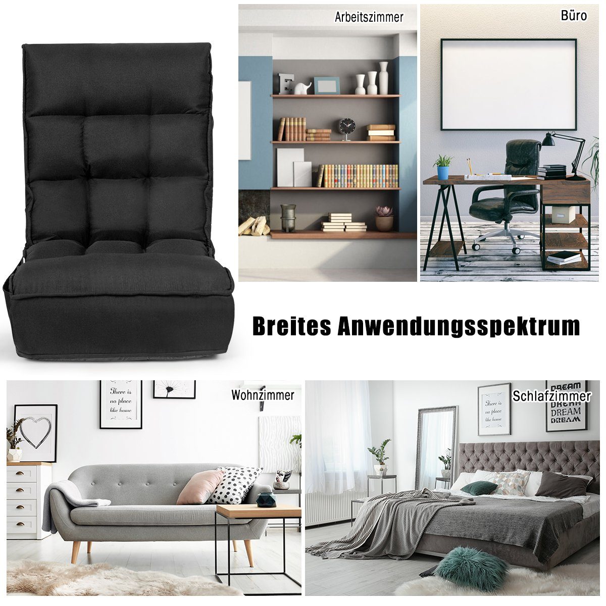 COSTWAY Rückenlehne&Kopfstütze, Schwarz verstellbare 140kg klappbar, Relaxsessel,