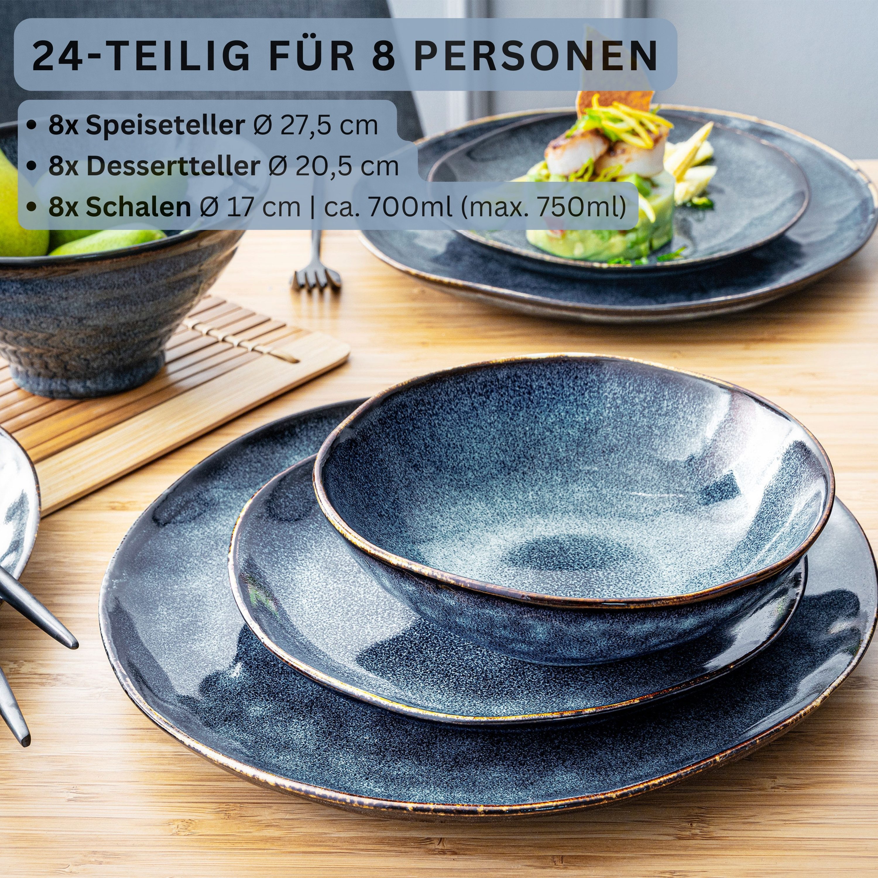 SÄNGER Tafelservice Tokio Geschirrset (24-tlg), 8 Personen, Steingut, Blau Schwarz, Handmade, Premium Collection – Bild 2 von 5