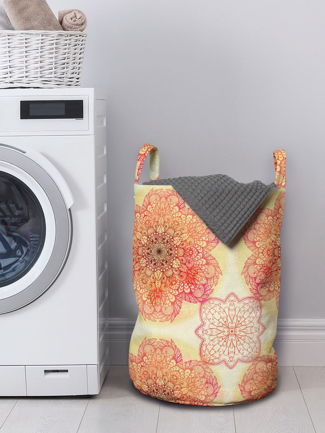Waschsalons, Griffen Wäschesäckchen mit Mandala Kordelzugverschluss Wäschekorb für Red Blüten-Blumen Abakuhaus