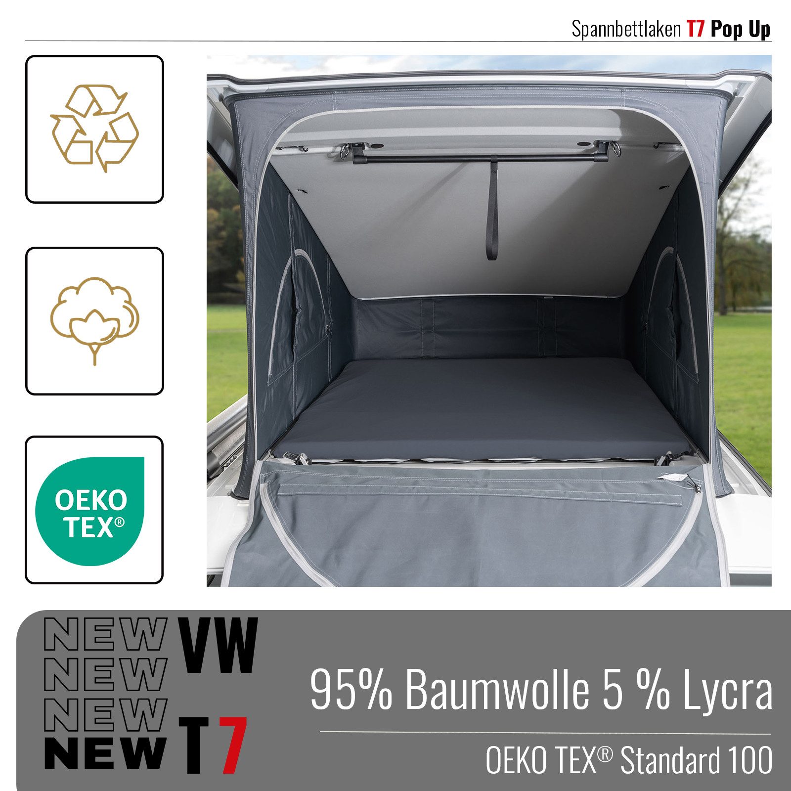 BLACK FOREST FOX Spannbettlaken Spannbettlaken VW T7 California Aufstelldach Lycra OEKO-TEX® Grau, Baumwolle, Gummizug: rundum, passgenau – Bild 2 von 5