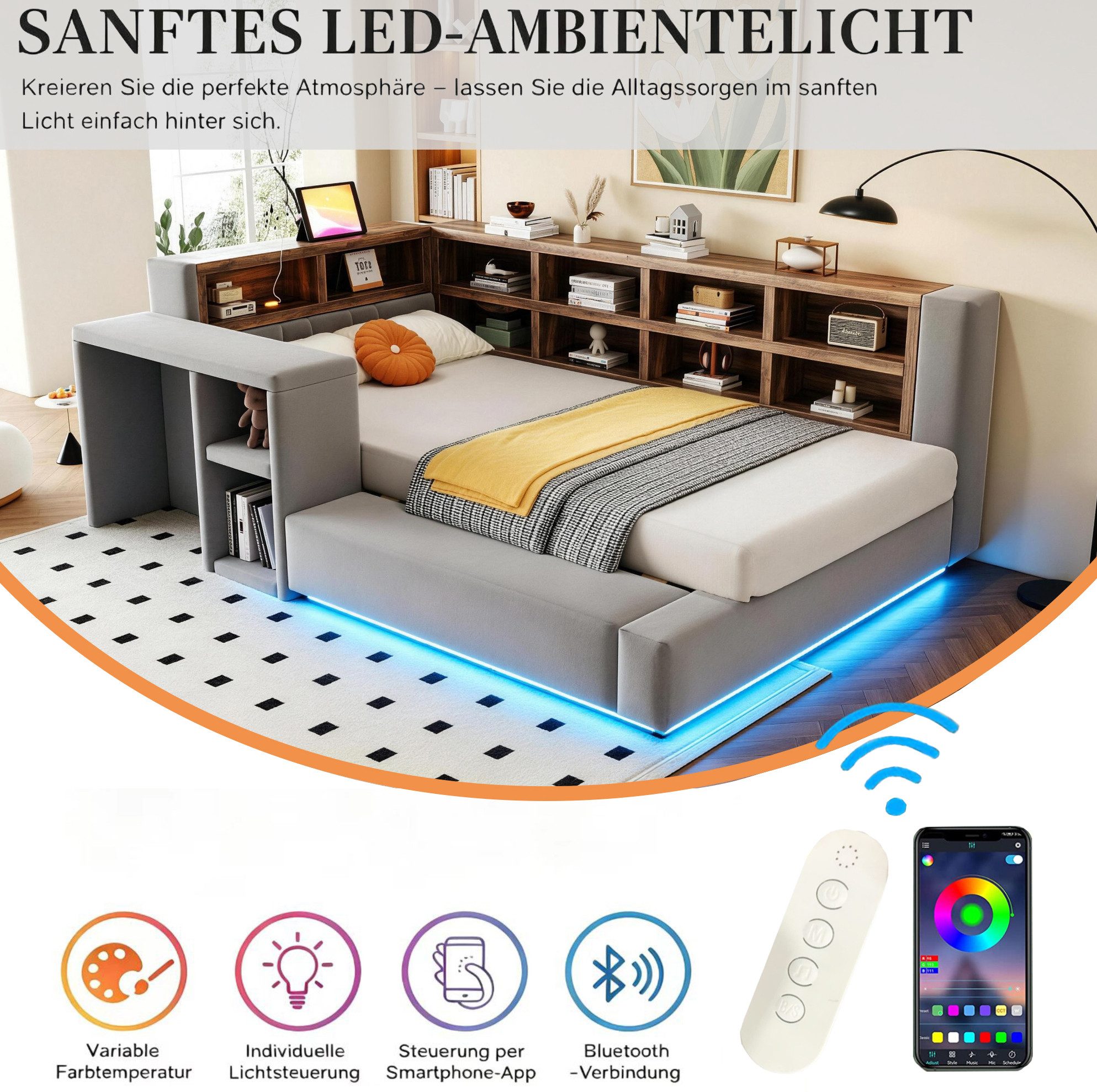MODFU Polsterbett Daybett mit Kopfteil-Stauraum und Beleuchtung 90x200 cm (Stauraumbett mit LED-Funktion, Steckdosen, Ablageflächen und komfortabler Rückenlehne, Tagesbett Funktionsbett), ohne Matratze