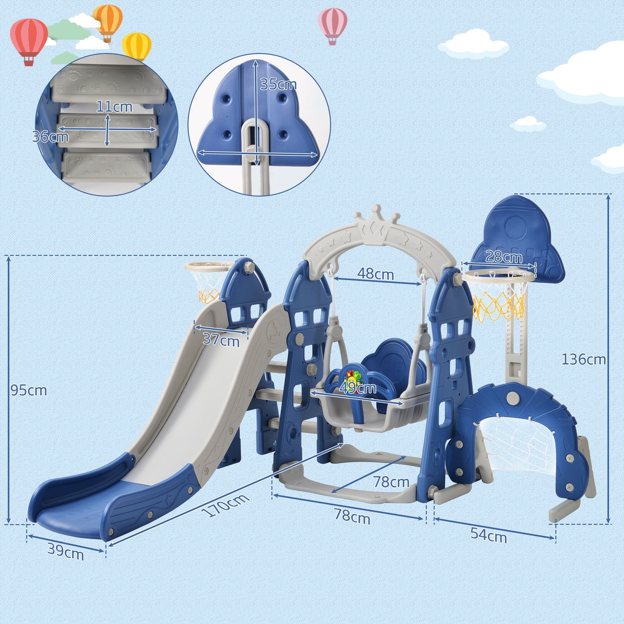 REDOM Indoor-Rutsche 2-8 Rutsche Outdoor Jahre Rutsche Basketballkorb Kleinkinderrutsche, Fußballtor Kinder Schaukel für Rutschbahn 1 & Indoor Kinderrutsche mit in Gartenrutsche (Schaukel Blau + 5 Fun-Slide Kletterturm)