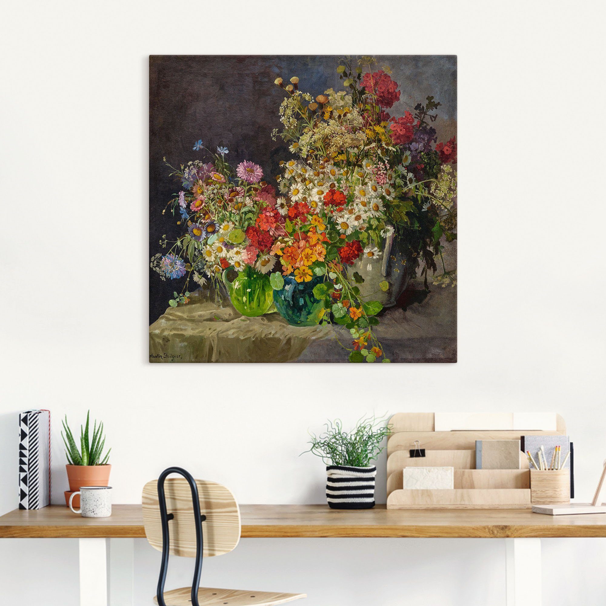 Artland Leinwandbild Stillleben mit Wiesenblumen in Krügen., Arrangements (1 St), auf Holzrahmen gespannt