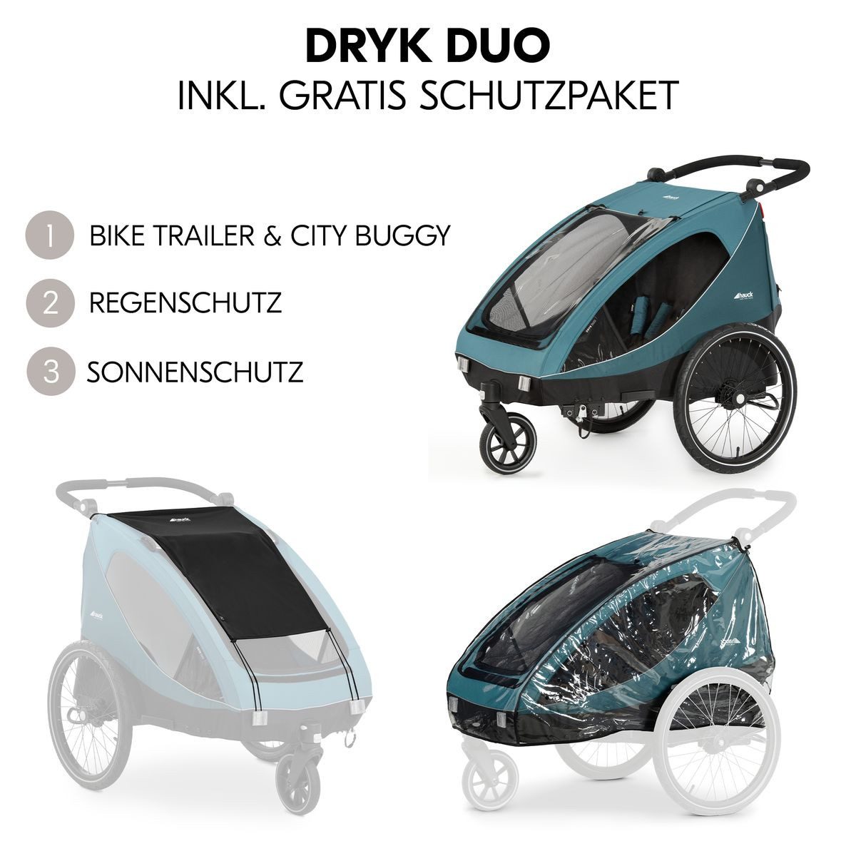 Hauck Fahrradkinderanhänger Dryk Duo - Ocean Green, Fahrradanhänger Buggy für 2 Kinder mit Regen-und Sonnenschutz