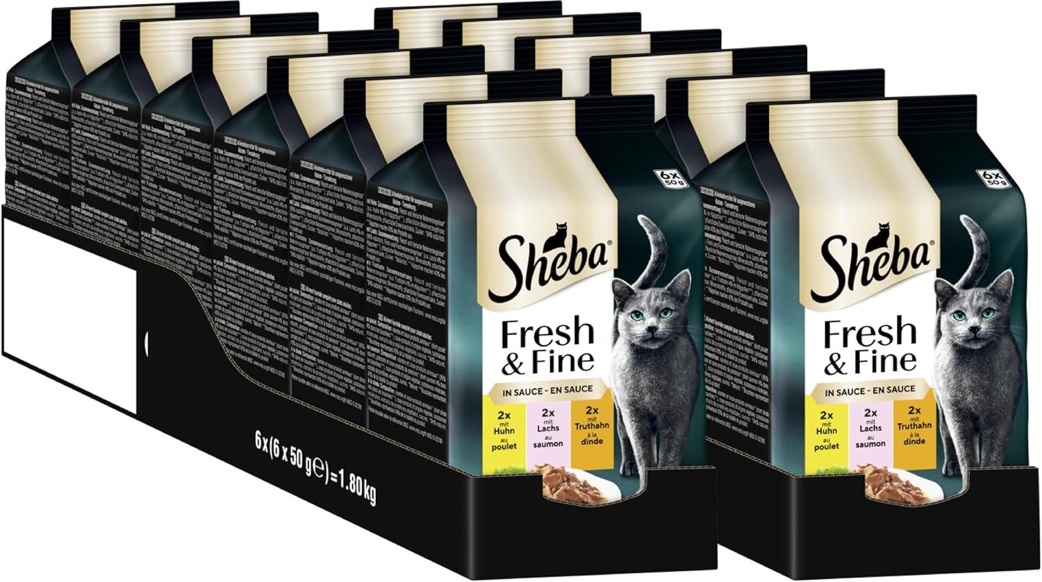 Sheba SHEBA® Fresh & Fine in Sauce mit Huhn. Lachs und Truthahn 12 x 6 x 50g, Nassfutter für: Katze