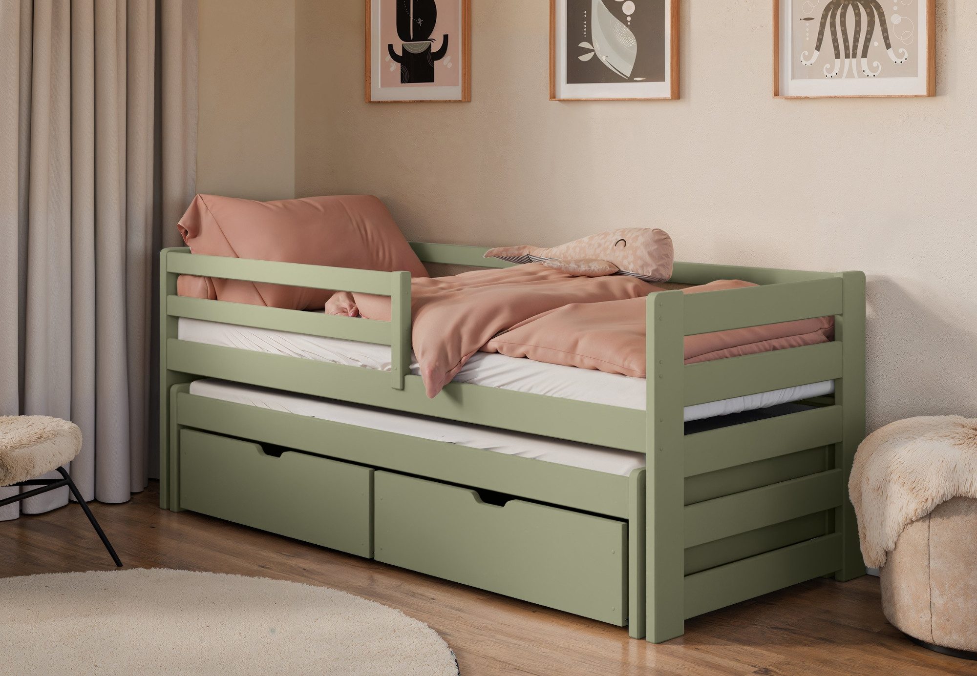 Kids Collective Jugendbett Einzelbett Kinderbett 90x200 cm, Lattenrost, Rausfallschutz Vollholz, 90x200 cm mit Rausziehbett 190x90 mit zwei Schubladen Olivgrün