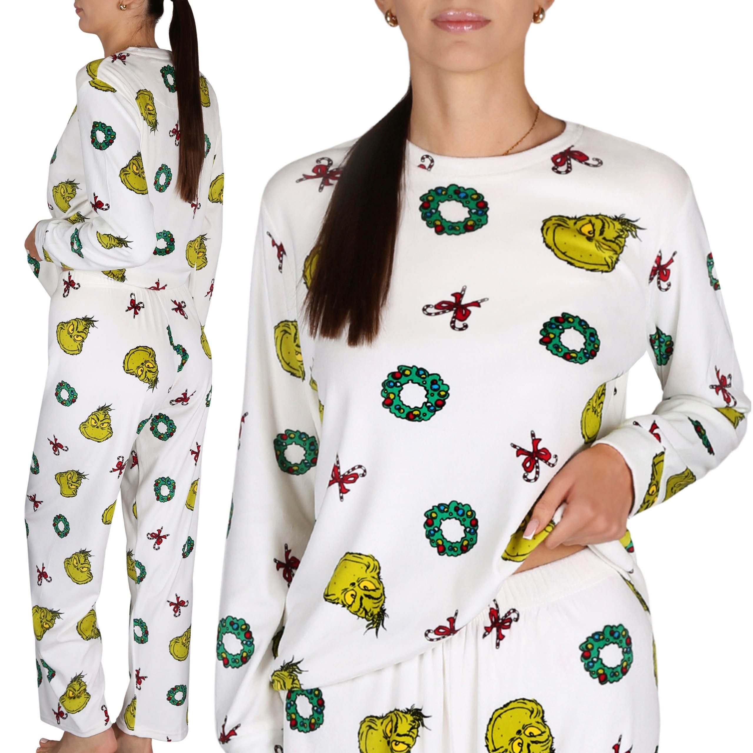Schlafanzug Grinch PLÜSCH Weihnachtspyjama, Damen, warm, zweiteilig, lange Ärmel