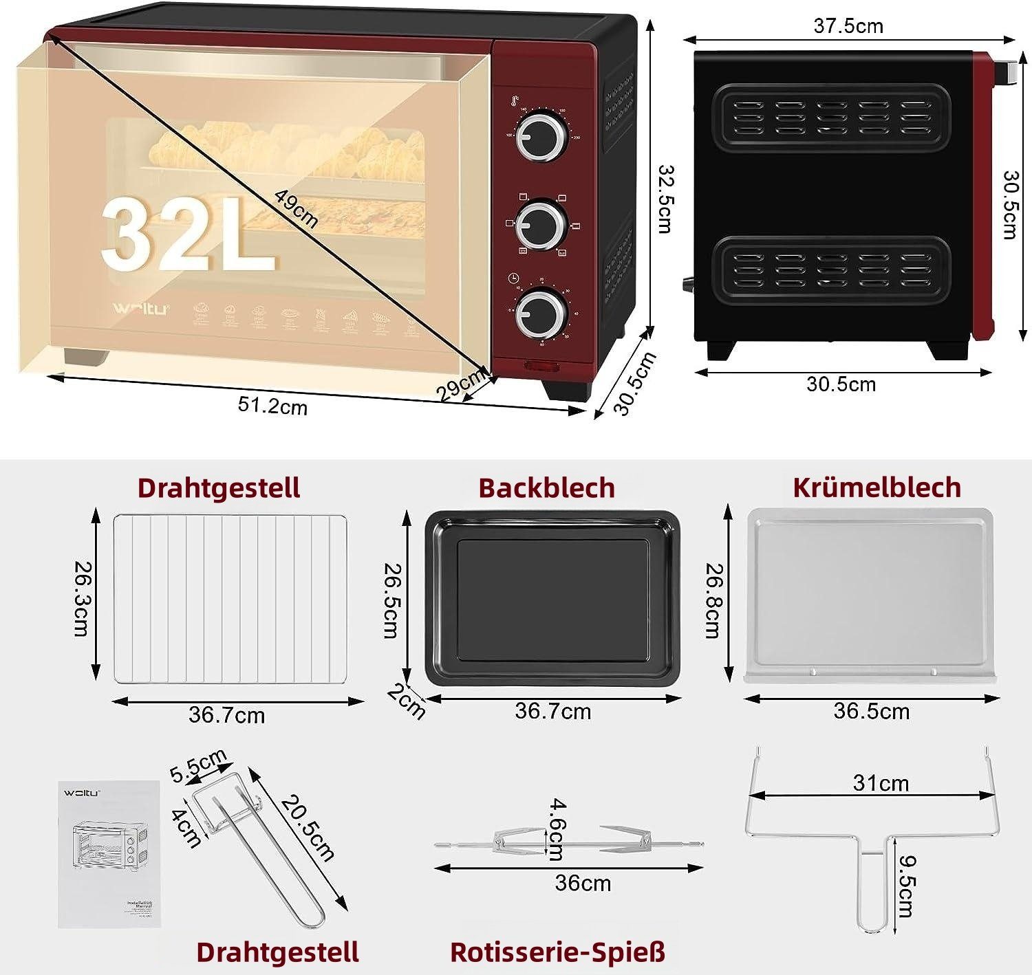 Woltu Minibackofen, 32 Liter, 1600 Watt Herausnehmbares Krümelblech mit Timer
