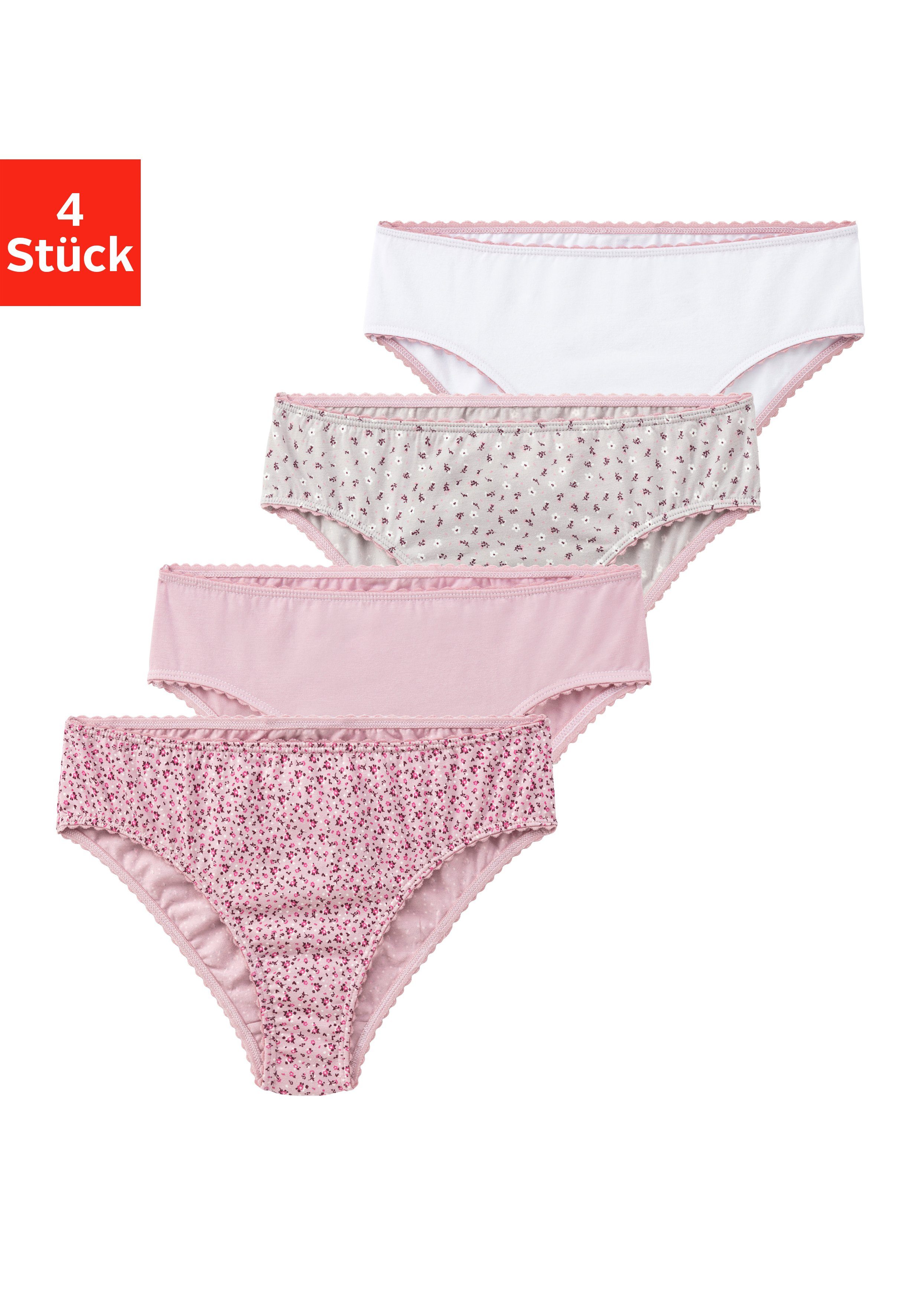 Vivance Slip (Packung, 4-St) Millefleur-Design + Uni in einer Packung rosa-geblümt, rosa-uni, grau-geblümt, weiß-uni | Klassische Slips